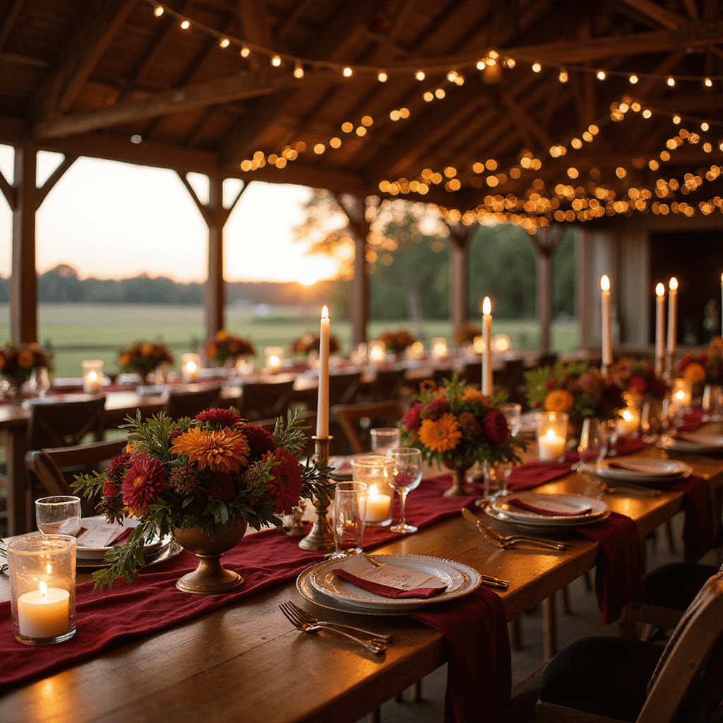 Wedding Reception Floral Centerpieces: The Ultimate Creative Guide An intimate autumn wedding reception in a rustic barn at sunset, featuring farm tables dressed with burgundy velvet runners, low floral arrangements of dahlias and garden roses in jewel tones, vintage brass candlesticks with taper candles, and fairy lights in exposed wooden beams, all captured from table level to emphasize the warm ambient lighting and textures.