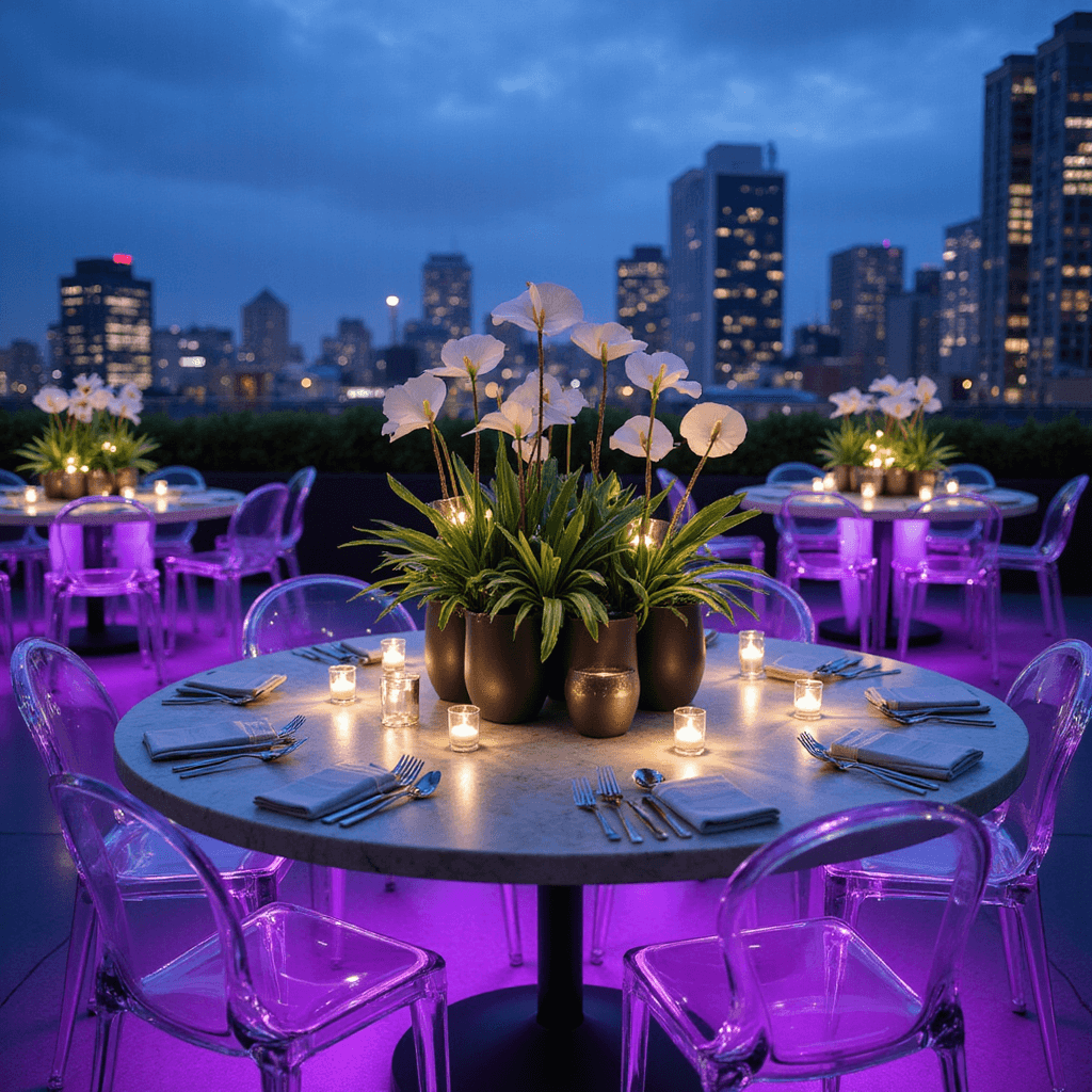 Wedding Reception Floral Centerpieces: The Ultimate Creative Guide A modern rooftop wedding reception at blue hour featuring sleek acrylic ghost chairs around marble tables adorned with white anthuriums and tropical foliage in matte black vessels, illuminated by cool purple LED lights with a twinkling city skyline in the background.
