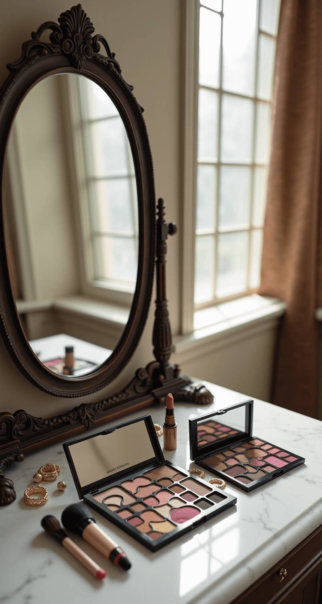 A Guide to Nailing Your Katherine Pierce Halloween Costume Intimate luxury bathroom vanity featuring a flat lay of smokey eye palette, nude lipsticks, and makeup brushes on a marble counter, with vintage mirror reflecting curated jewelry, all bathed in soft morning light through frosted windows.