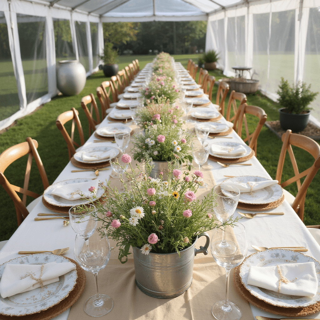 Wedding Reception Floral Centerpieces: The Ultimate Creative Guide A whimsical garden party reception under a clear tent, featuring long tables adorned with pastel floral arrangements in mercury glass containers, mismatched vintage china, and crystal, captured from overhead in soft morning light.