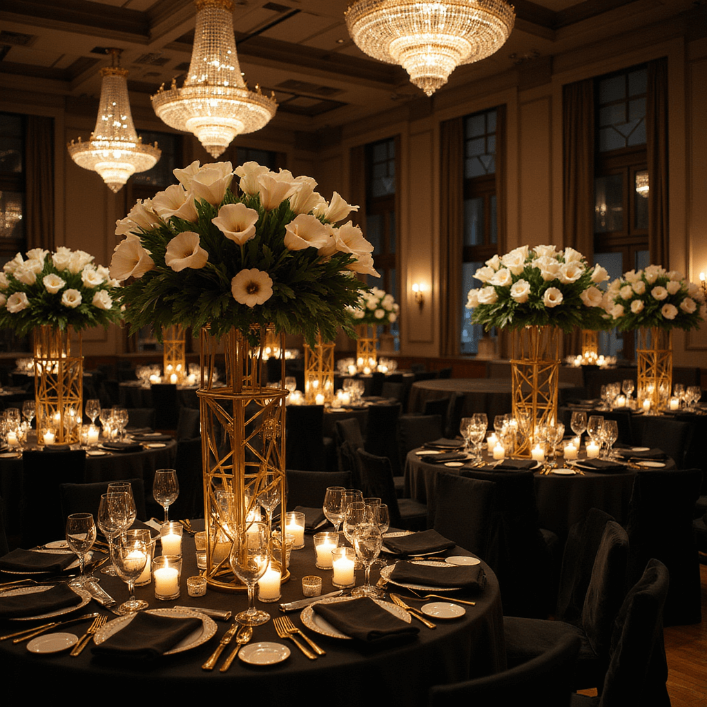 Wedding Reception Floral Centerpieces: The Ultimate Creative Guide A low-angle view of a glamorous evening reception in an art deco venue, featuring round tables with black velvet linens, tall gold geometric stands with white calla lilies and dark foliage, illuminated by candlelight, crystal chandeliers, and dramatic shadows.