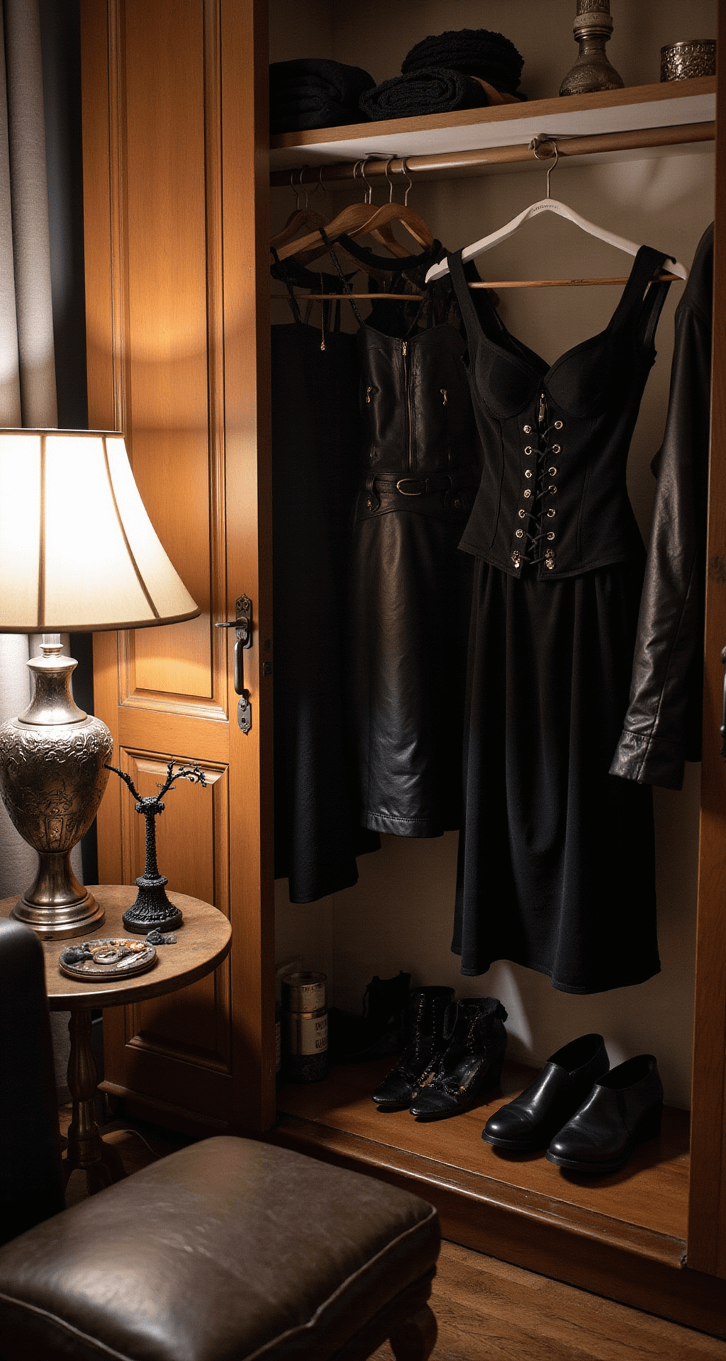 A Guide to Nailing Your Katherine Pierce Halloween Costume A cozy twilight bedroom corner featuring an open closet with black corset tops, leather jackets, and fitted skirts on elegant hangers, alongside vintage-inspired jewelry stands. Soft lamp lighting enhances the intimate atmosphere, highlighting the textures of the clothing and accessories.