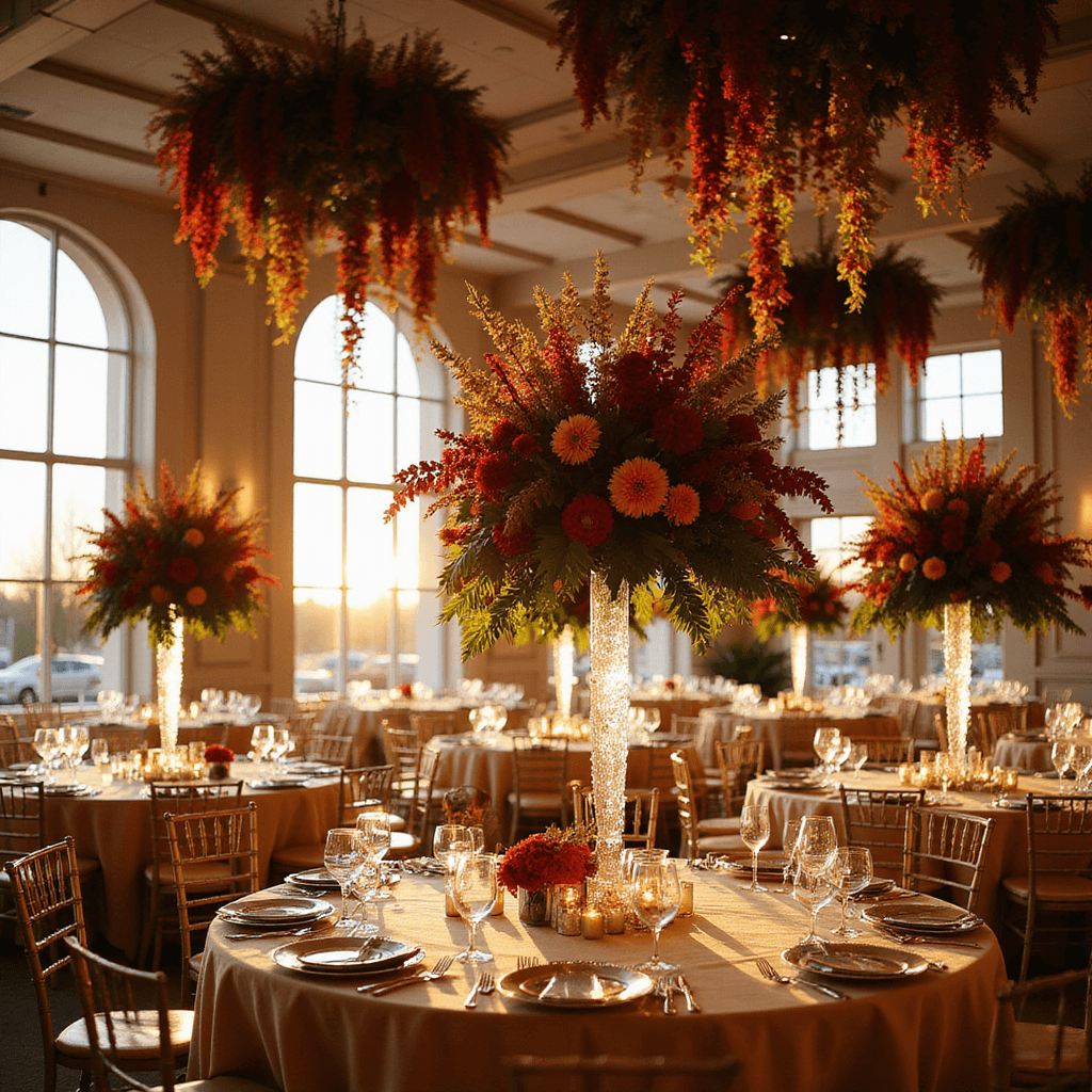 Best Flowers for November Weddings: Your Ultimate Guide to Stunning Autumn Blooms A grand indoor ballroom during golden hour, featuring ceiling-height floral installations of burgundy chrysanthemums and cascading amaranthus, round tables with champagne silk linens and towering centerpieces of dahlias and autumn foliage, illuminated by soft natural light through floor-to-ceiling windows, highlighting crystal chandeliers and amber-tinted glassware.