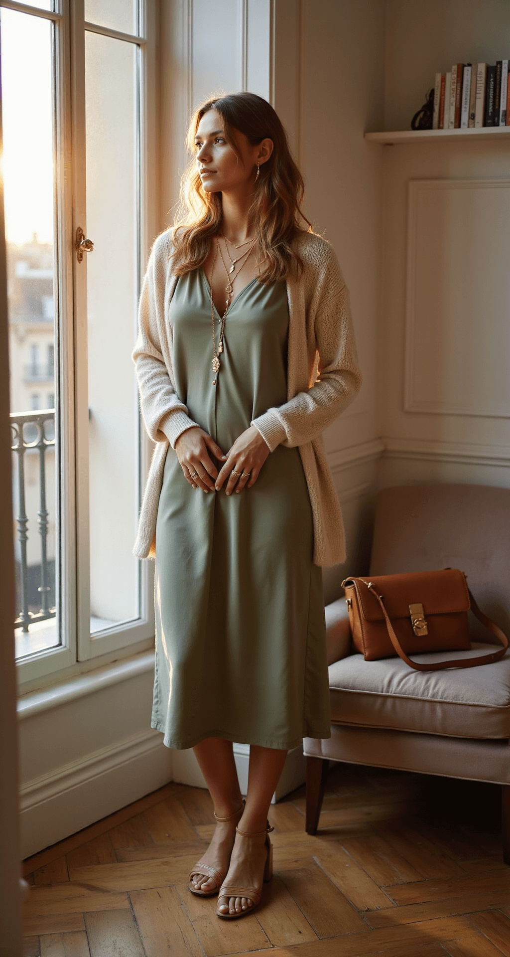 SLAYING THE MEDUSA LOOK: YOUR ULTIMATE HALLOWEEN COSTUME A fashion blogger in a sage green silk midi dress and cream cashmere cardigan stands by floor-to-ceiling windows, bathed in warm golden hour light. The scene captures delicate gold jewelry, a cognac brown leather crossbody bag, and a stylishly arranged Parisian-style apartment with herringbone hardwood floors and white walls.