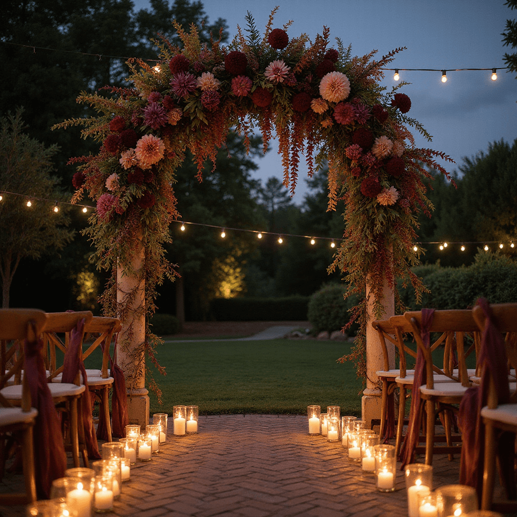 Best Flowers for November Weddings: Your Ultimate Guide to Stunning Autumn Blooms An intimate garden ceremony at dusk, featuring a floral arch adorned with deep purple lisianthus and wine-colored dahlias, illuminated by glass lanterns, with vintage wooden chairs decorated with autumn foliage and burgundy ribbon.