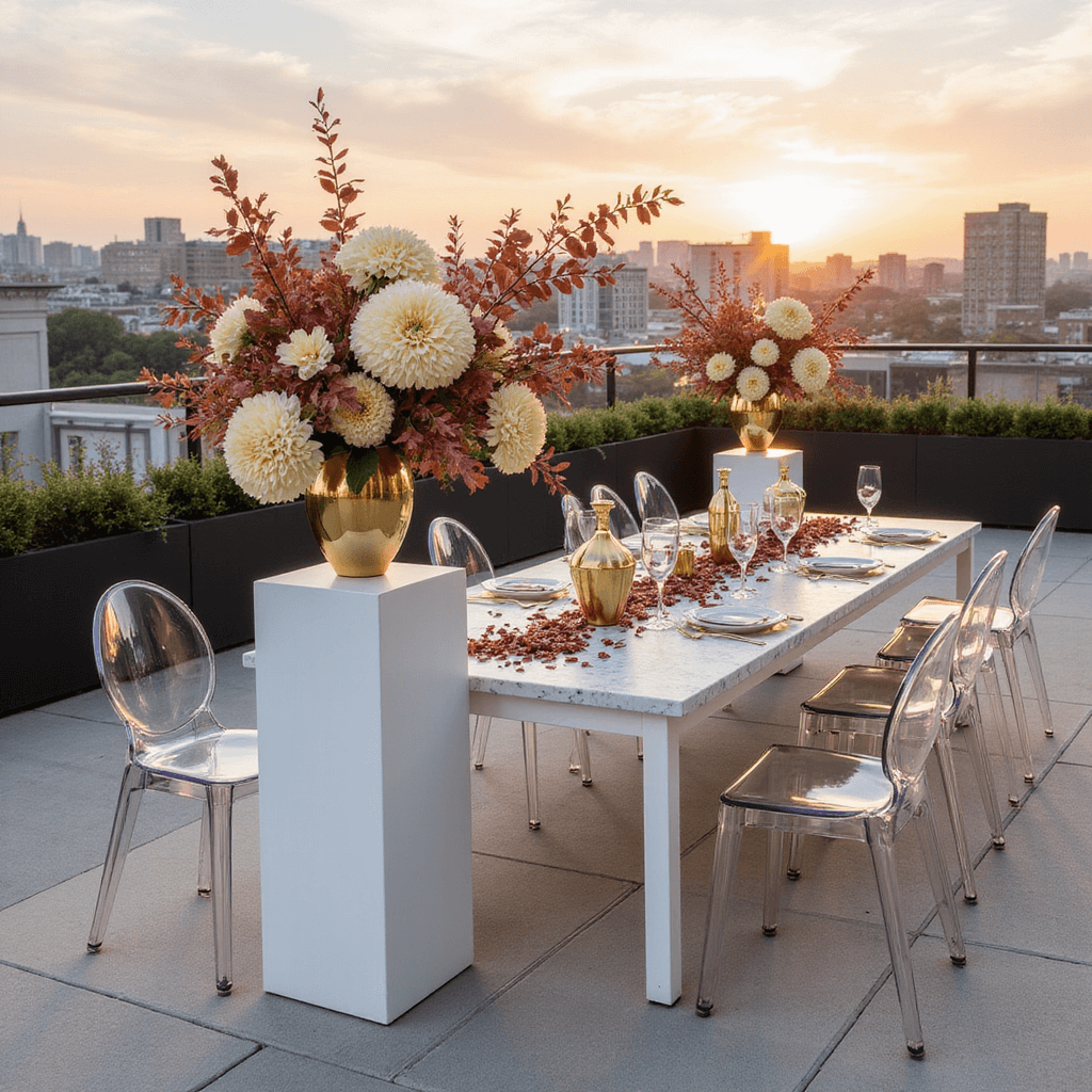 Best Flowers for November Weddings: Your Ultimate Guide to Stunning Autumn Blooms A modern rooftop venue featuring minimalist autumn decor, with white pedestals displaying cream chrysanthemums and orchids alongside copper-toned foliage. Ghost chairs and marble tables adorned with geometric gold vessels and scattered burgundy petals, all captured during sunset with city views and warm light illuminating metallic accents.
