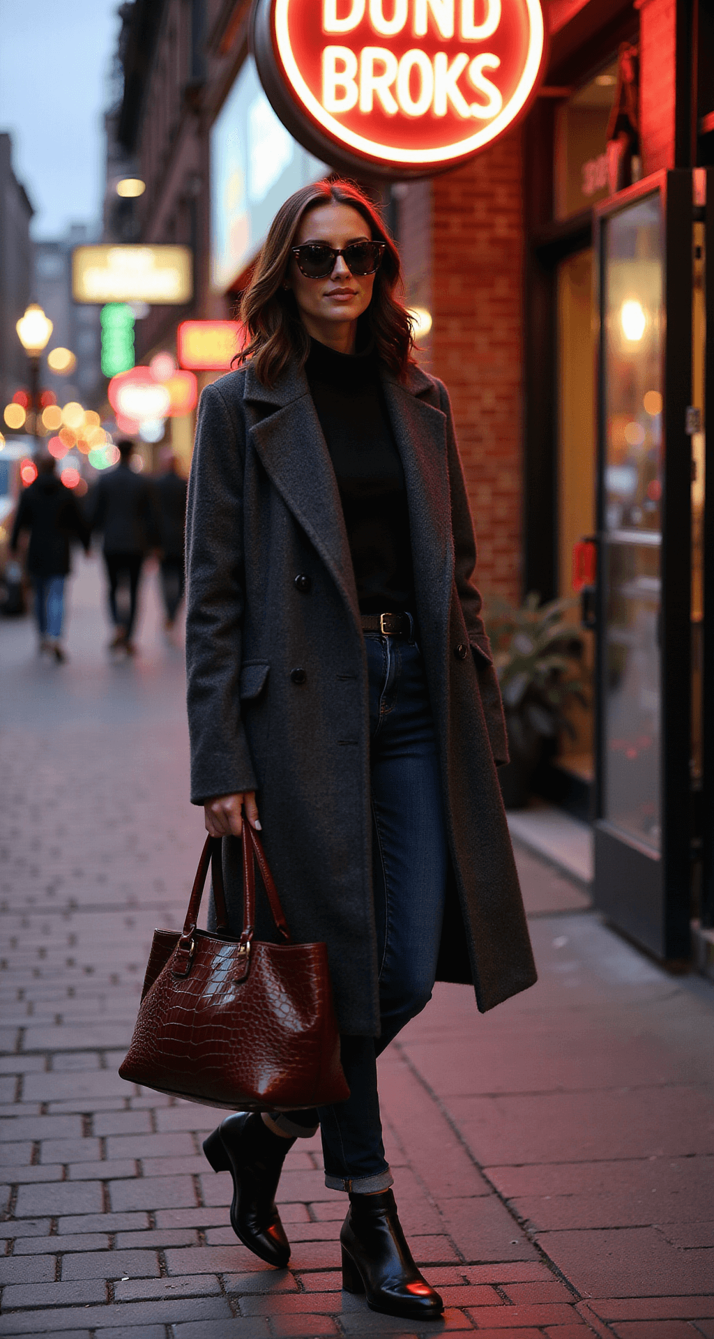 SLAYING THE MEDUSA LOOK: YOUR ULTIMATE HALLOWEEN COSTUME A model strides through a twilight SoHo street, wearing an oversized charcoal wool coat, dark wash straight-leg jeans, and black leather chelsea boots. She carries a burgundy croc-embossed tote and sports oversized tortoiseshell sunglasses, with neon signs and vintage storefronts bokeh in the background, illuminated by dramatic street lamp lighting.
