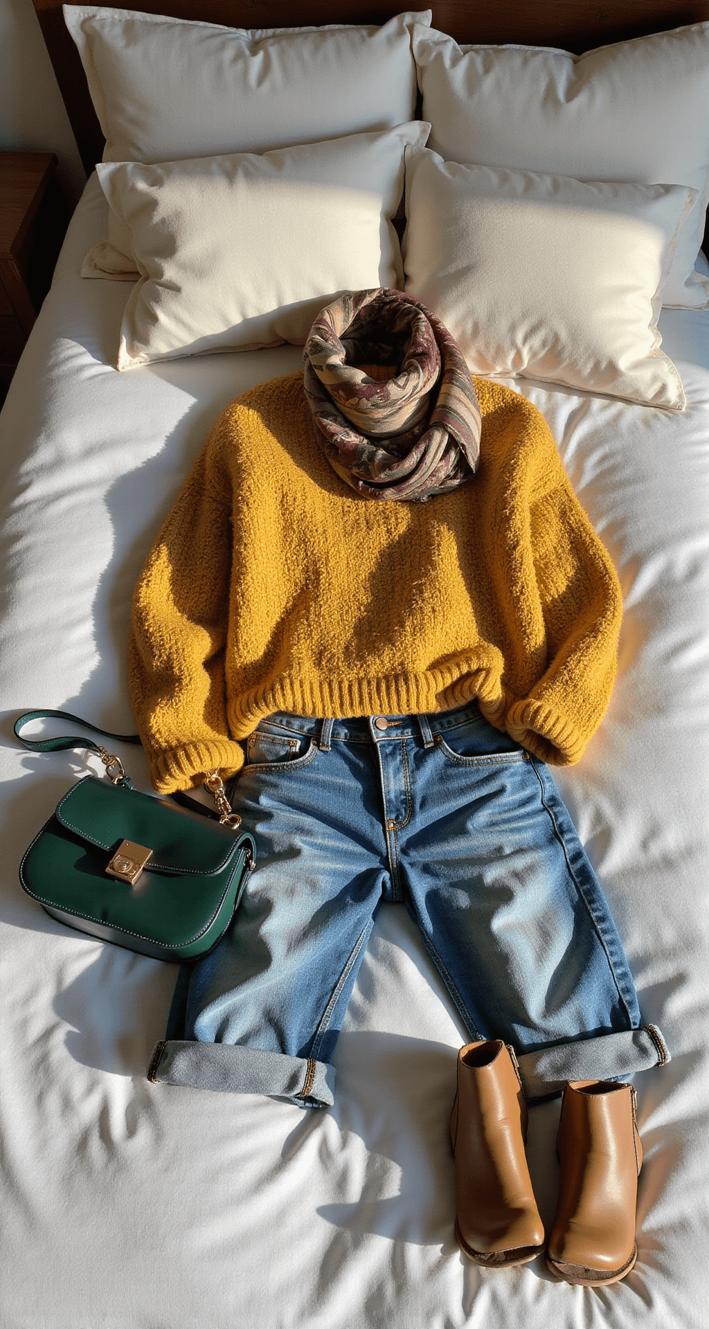 SLAYING THE MEDUSA LOOK: YOUR ULTIMATE HALLOWEEN COSTUME A bright contemporary bedroom with neutral linen bedding showcasing a mustard yellow chunky knit sweater, raw hem boyfriend jeans, and tan leather ankle boots, accented by a vintage silk scarf, gold-tone watch, and forest green structured shoulder bag, highlighting natural materials and light play.