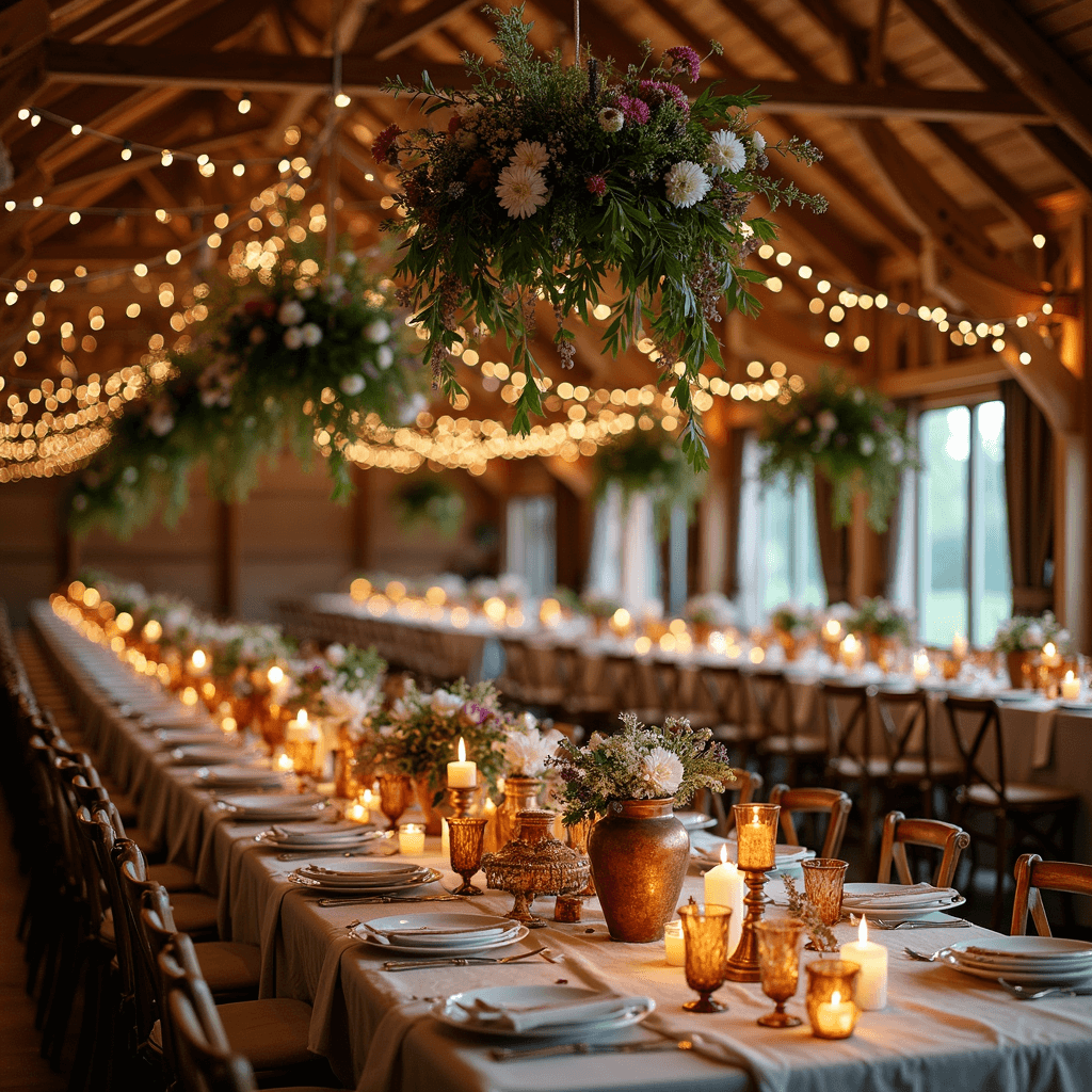 Best Flowers for November Weddings: Your Ultimate Guide to Stunning Autumn Blooms Rustic barn reception featuring wooden beams with fairy lights, floral clouds of mauve dahlias and white stock flowers, long harvest tables with stone-washed linen runners, vintage copper floral arrangements, and warm candlelight illuminating stoneware and amber glass goblets, captured from an elevated angle.