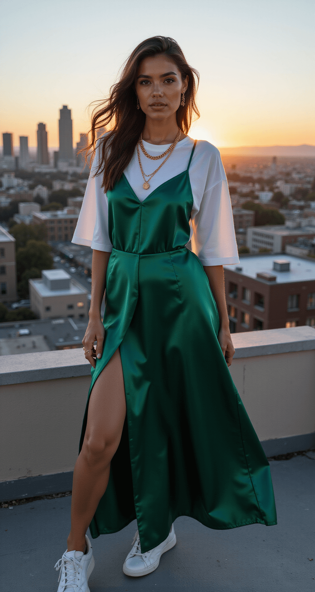 SLAYING THE MEDUSA LOOK: YOUR ULTIMATE HALLOWEEN COSTUME A rooftop fashion editorial at magic hour in downtown LA featuring a model in an emerald green satin slip dress layered over a white t-shirt and white sneakers. Gold layered necklaces glint in the fading sunlight, while the wind gently moves the fabric, adding dynamic movement. An aerial view showcases the city lights starting to twinkle below.