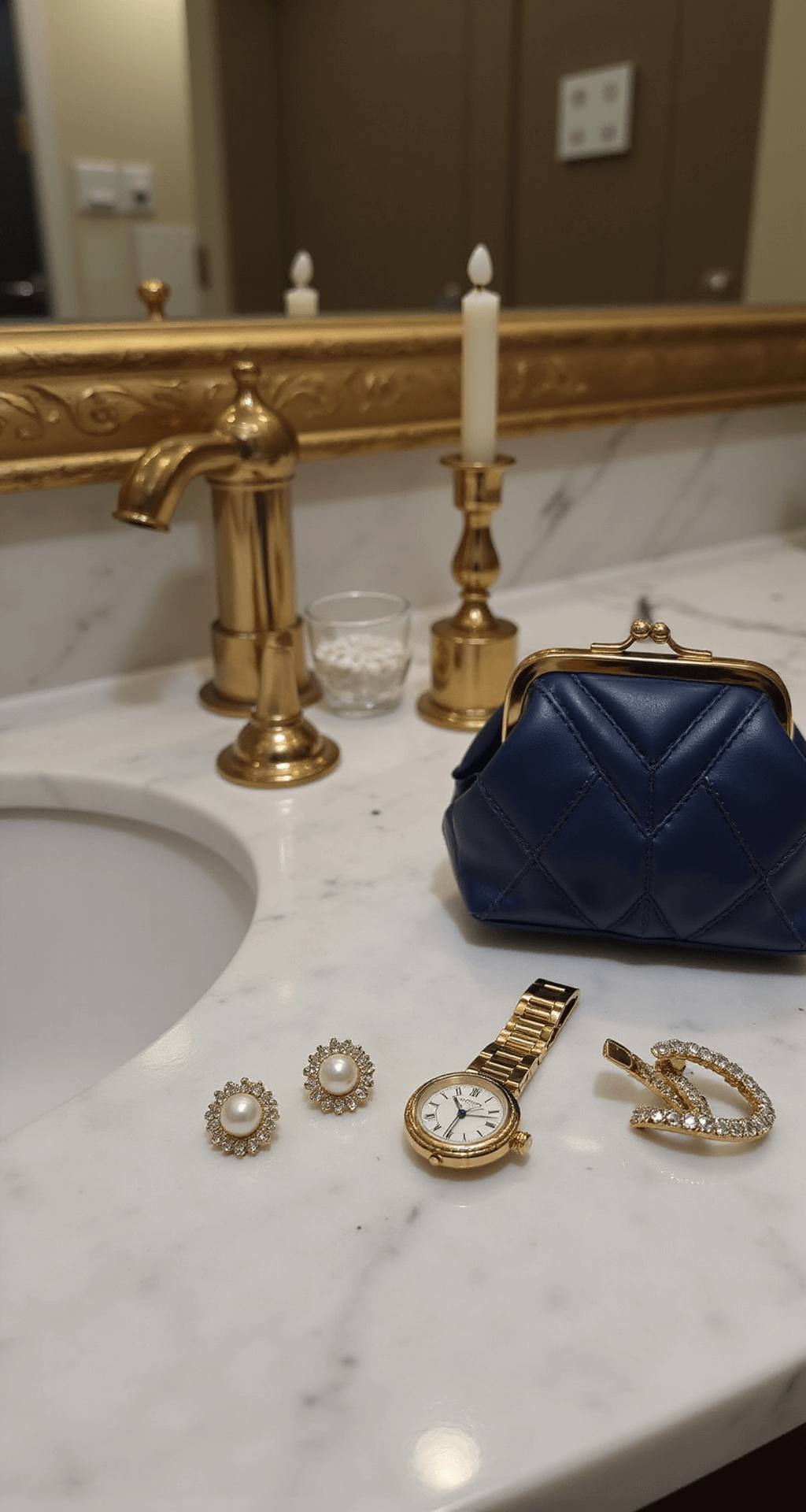 SLAYING THE MEDUSA LOOK: YOUR ULTIMATE HALLOWEEN COSTUME Close-up view of elegant accessories on a marble bathroom counter, featuring pearl earrings, a vintage Cartier watch, crystal hair clips, and a midnight blue quilted evening bag, all softly illuminated by vanity lighting that highlights gold fixtures and mirror details.