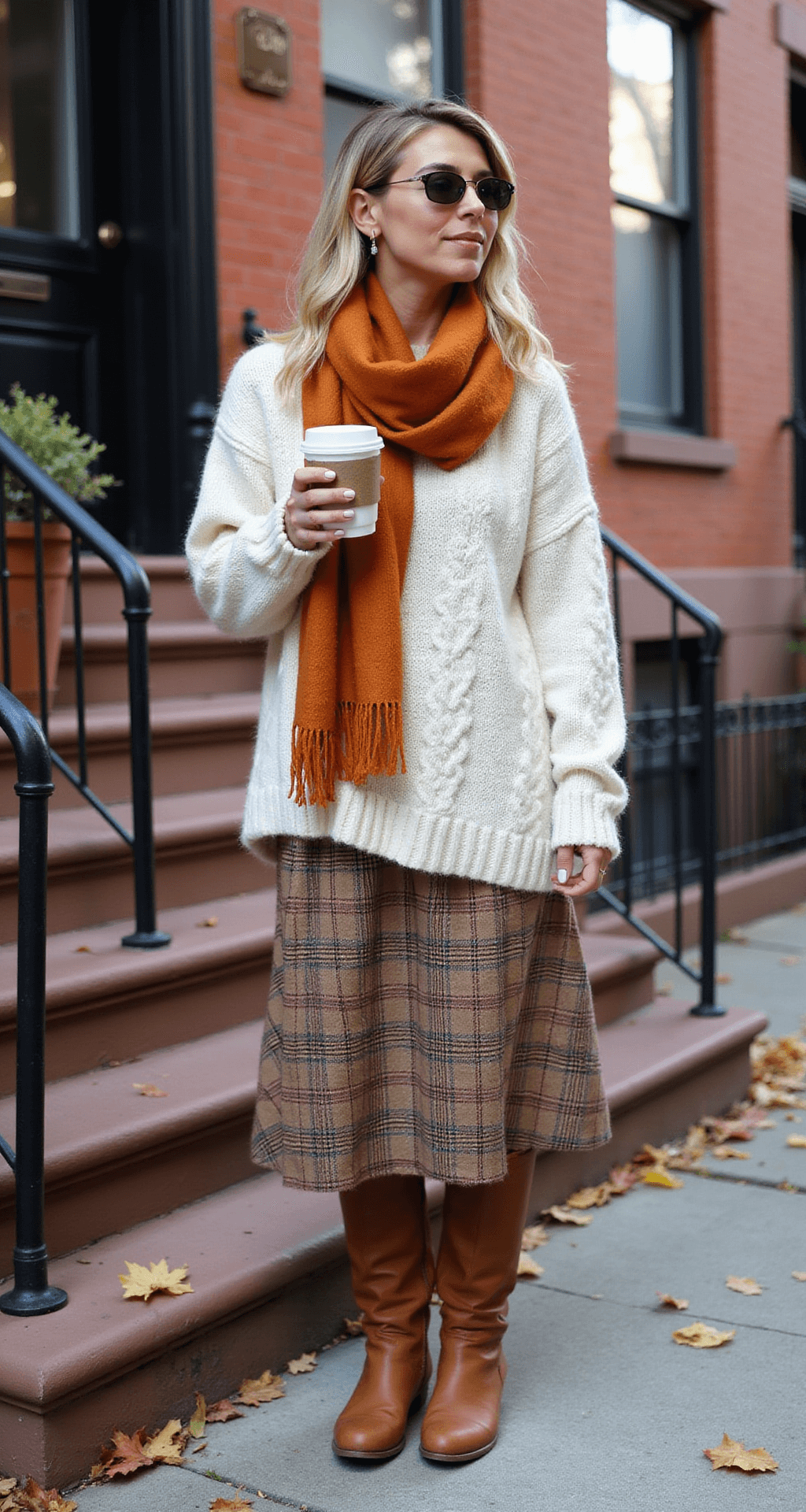 SLAYING THE MEDUSA LOOK: YOUR ULTIMATE HALLOWEEN COSTUME A fashion editor sits on a Brooklyn brownstone stoop on a crisp autumn morning, wearing an oversized ivory fisherman sweater, a plaid wool midi skirt, and cognac knee-high boots, holding a coffee cup. The scene features falling leaves, with natural light highlighting the rich autumn colors and the textural details of her outfit, including cable knit patterns, buttery leather, and a burnt orange cashmere scarf.
