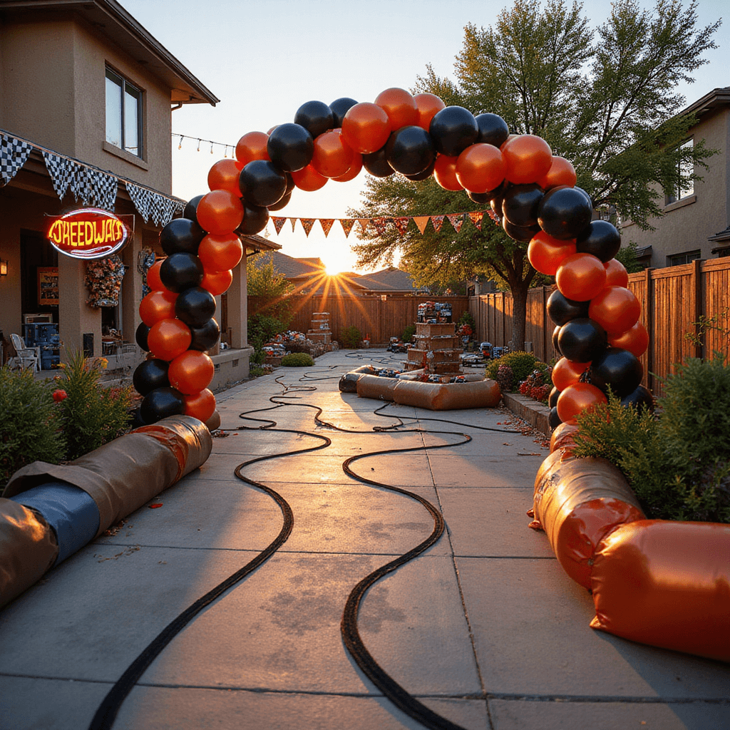 Hot Wheels Birthday Party: The Ultimate Race Day Celebration Guide Photorealistic wide-angle view of a transformed backyard race track paradise at golden hour, featuring orange and black race tape pathways, a grand metallic balloon arch, winding cardboard tunnel tracks, checkered flag bunting, tiered wooden platforms with Hot Wheels cars, and a glowing 'SPEEDWAY' neon sign against racing memorabilia.