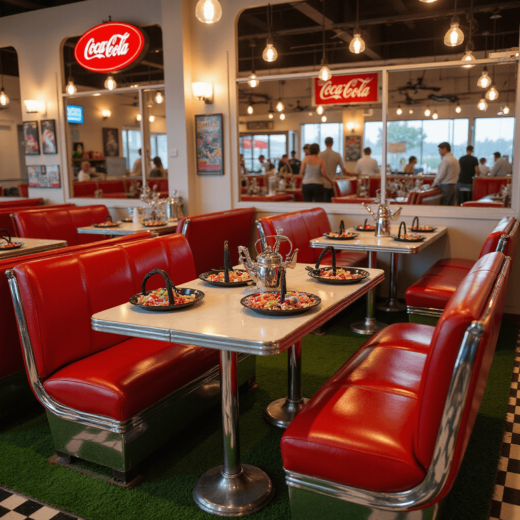 Hot Wheels Birthday Party: The Ultimate Race Day Celebration Guide Intimate detail shot of a vintage-inspired 'Drive-In Diner' with red and chrome booths on artificial turf, miniature steering wheels on tables, classic black and white checkerboard floor, Coca-Cola memorabilia, neon lighting, car-hop food trays with retro candies, and racing posters adorning the walls.