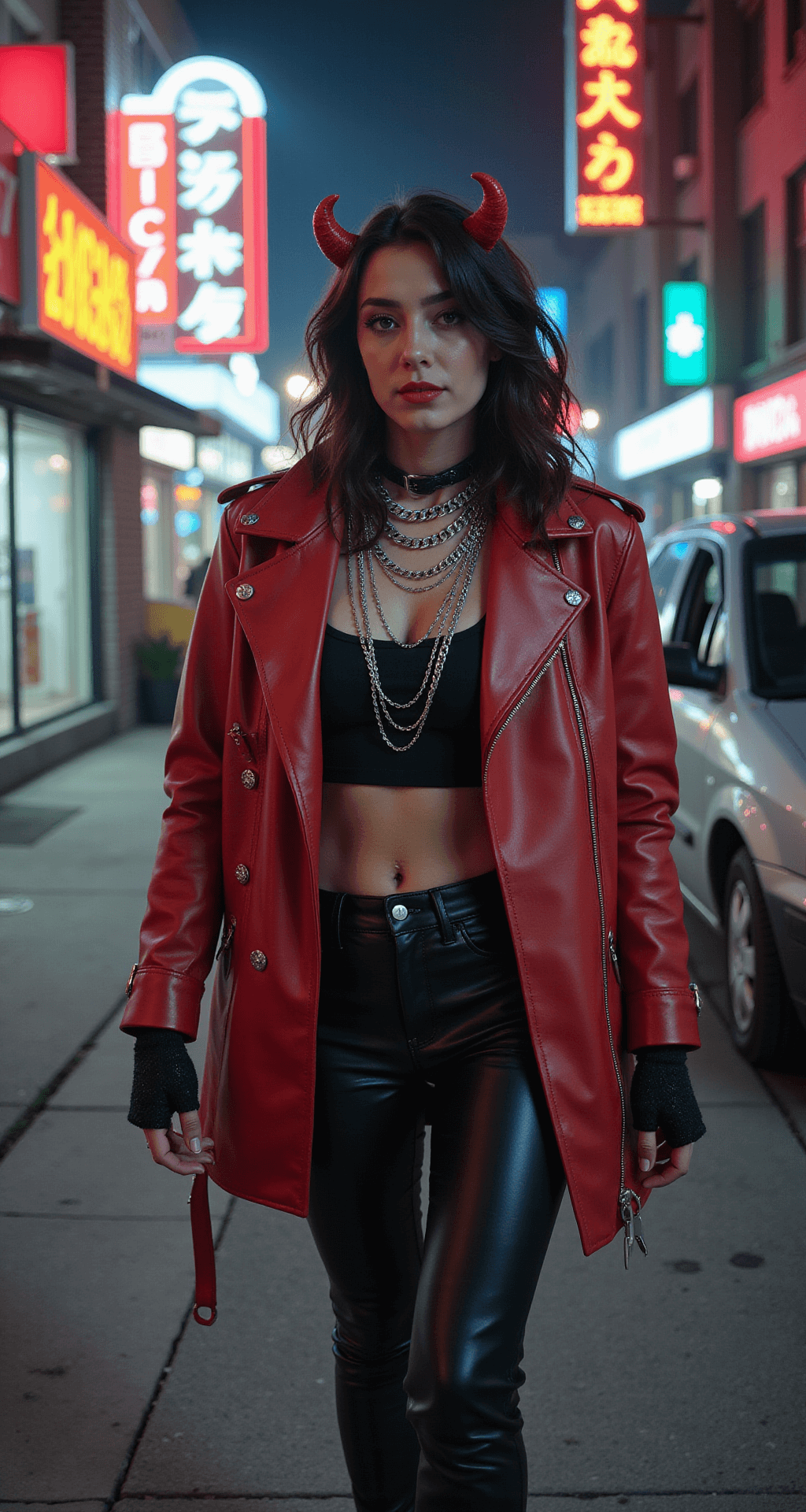 Unleash Your Inner Devil: The Ultimate Halloween Costume for 2025 A model in an edgy oversized red leather jacket and high-waisted leather pants strides past vintage storefronts on a foggy urban street corner, illuminated by neon signs. Their look is completed with silver chain necklaces, fingerless gloves, and studded mini horns, while wet-look hair with red tips enhances the streetwear aesthetic. The image captures a sense of motion with slight blur.