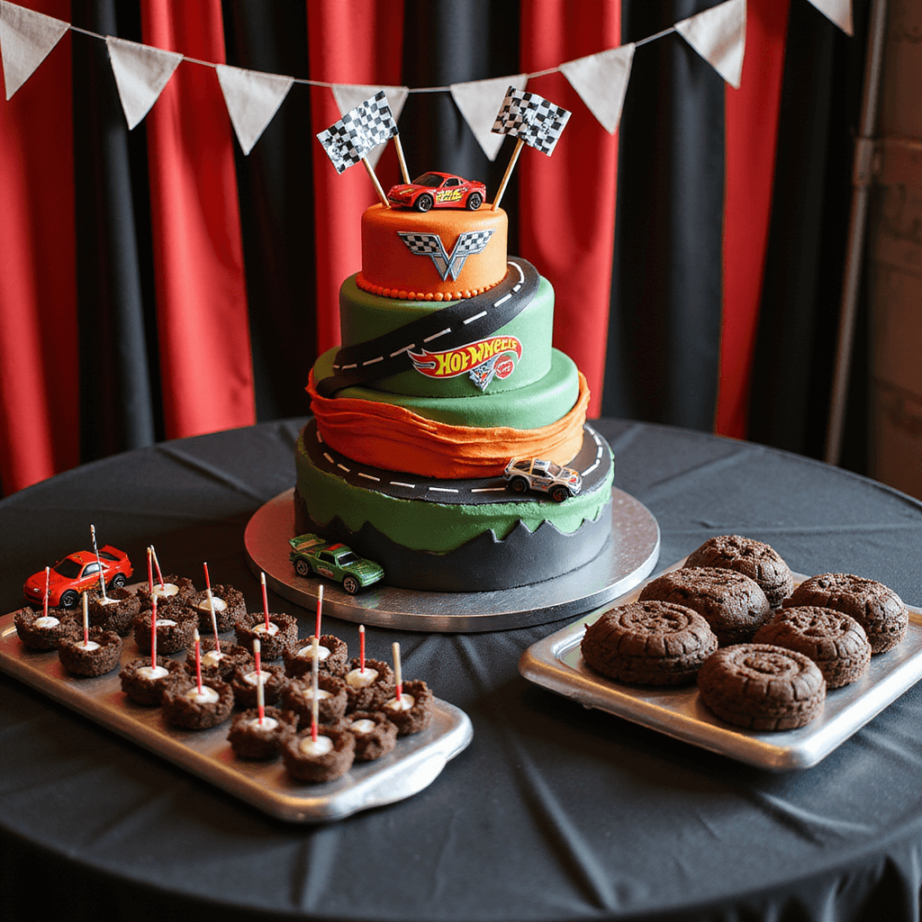 Hot Wheels Birthday Party: The Ultimate Race Day Celebration Guide Close-up of a race-themed dessert display featuring a three-tiered Hot Wheels cake with a spiraling fondant racetrack, die-cast cars, traffic light cake pops, tire-tread chocolate cookies on silver platters, and custom printed race flags in the background, enhanced by dramatic LED track lighting.