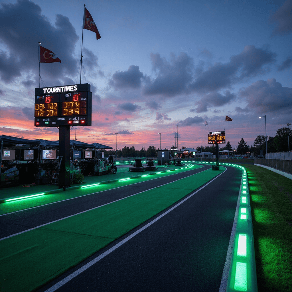 Hot Wheels Birthday Party: The Ultimate Race Day Celebration Guide Cinematic view of a dusk outdoor racing tournament zone featuring illuminated track stations, a large LED scoreboard, fluttering pennant flags, racing simulator pods, professional starting lights, and glowing phosphorescent track tape on artificial turf lanes.