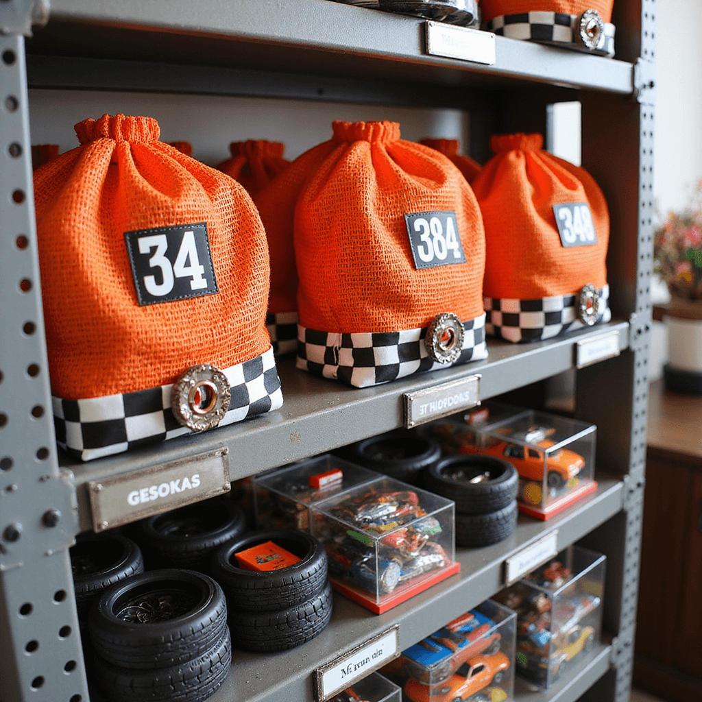 Hot Wheels Birthday Party: The Ultimate Race Day Celebration Guide A detailed view of a pit crew favor station featuring industrial metal shelving adorned with checkered flag fabric, orange mesh pit crew bags with racing numbers, mini tool belts filled with candy tools, neatly arranged tire-shaped treat boxes, Hot Wheels cars in clear acrylic cases, and metallic name tags reflecting light.