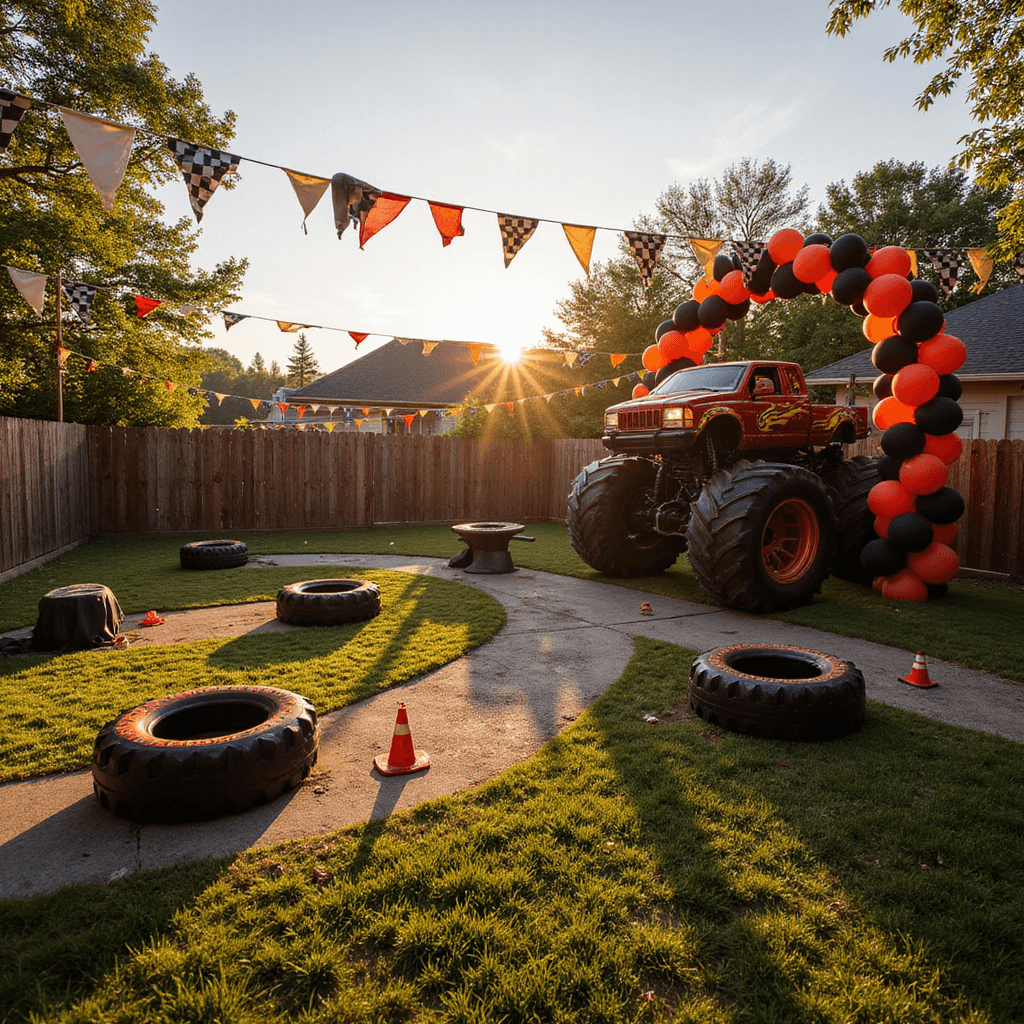 Epic Monster Truck Birthday Party: The Ultimate Guide for Truck-Crazy Kids Photorealistic wide-angle view of a vibrant backyard transformed into a monster truck party arena, featuring construction barriers, caution tape, balloon garlands, checkered flag bunting, a large inflatable monster truck, activity stations with tire-shaped tables, and chalk race tracks with mini cones, all illuminated by golden hour light.