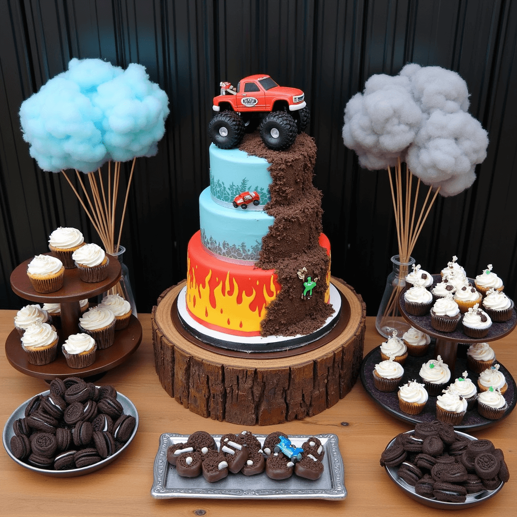 Epic Monster Truck Birthday Party: The Ultimate Guide for Truck-Crazy Kids Overhead view of a monster truck-themed dessert table featuring tire-track decorated cupcakes, cookie dirt paths, and a three-tier cake with fondant flames and a monster truck topper. Gray and blue cotton candy exhaust clouds and chocolate-dipped Oreo tires in vintage metal trays complete the display.