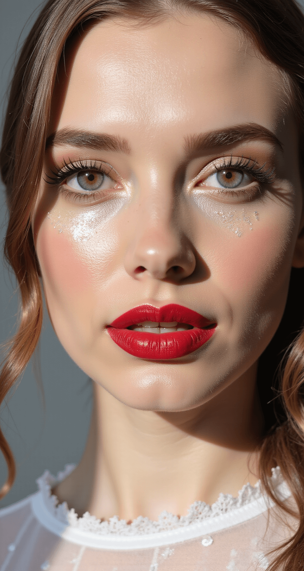 A Complete Guide to Rocking Your Snow White Halloween Costume Close-up of a model in a makeup studio with Snow White-inspired makeup, featuring porcelain skin, red lips, and defined brows, highlighted by natural window light. Detailed view of long false lashes and rosy cheeks against a clean white background.