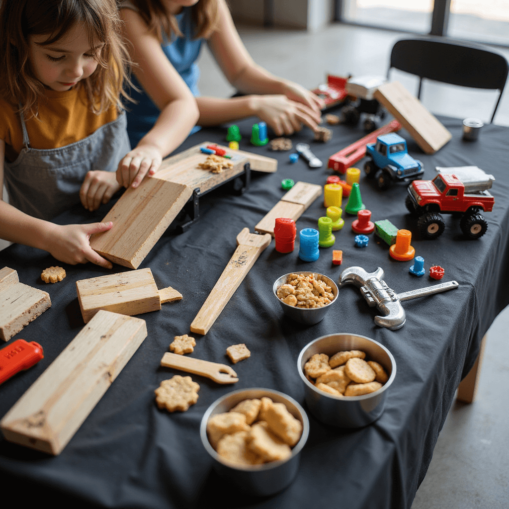 Epic Monster Truck Birthday Party: The Ultimate Guide for Truck-Crazy Kids Close-up shot of a DIY ramp building station with raw wood platforms and colorful building blocks on a black dropcloth. Young hands are arranging pieces, while toy monster trucks sit nearby. Tool-shaped cookies and 'nuts and bolts' trail mix in metal containers enhance the garage atmosphere.