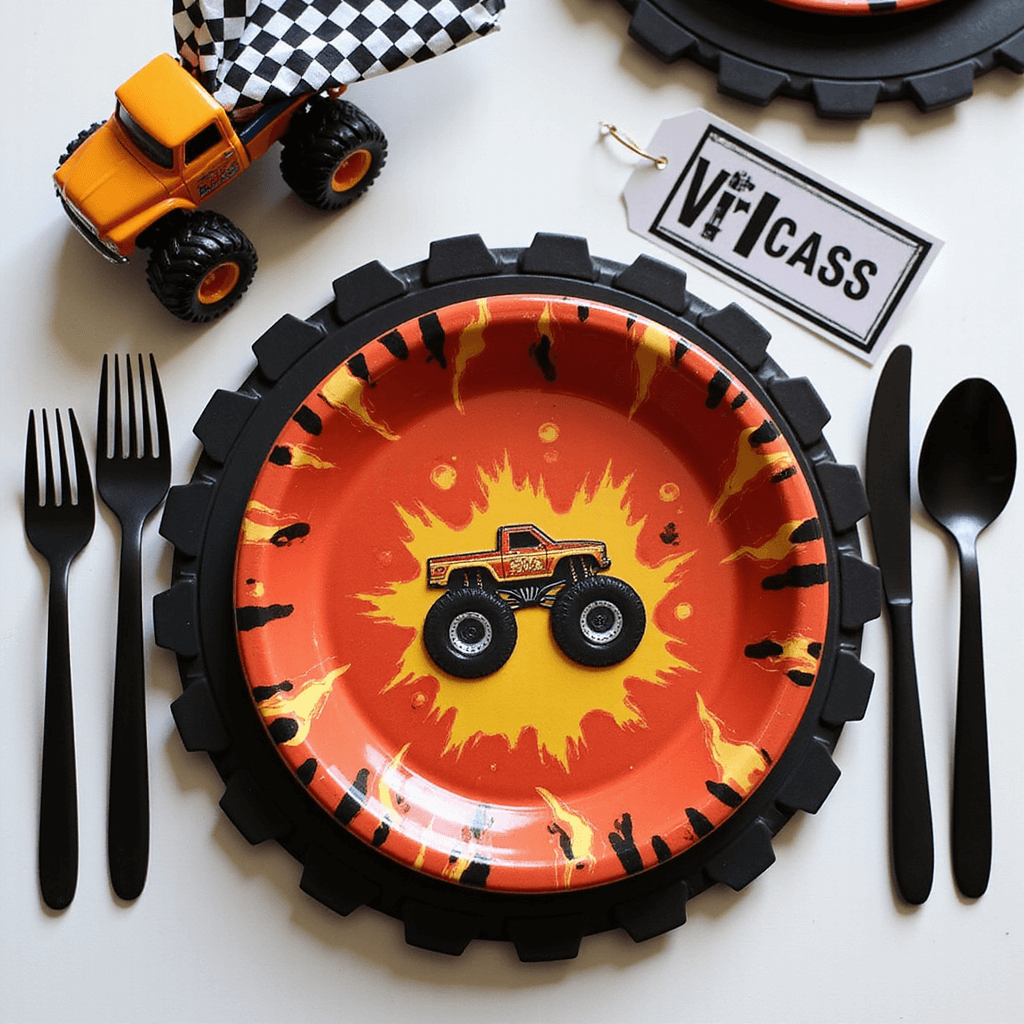 Epic Monster Truck Birthday Party: The Ultimate Guide for Truck-Crazy Kids Flat lay of a monster truck-themed party place setting featuring a flame-patterned melamine plate on a tire-tread placemat, black silverware, a checkered flag napkin in a metal ring, a custom VIP pit pass name card, and a small toy truck as a place card holder.