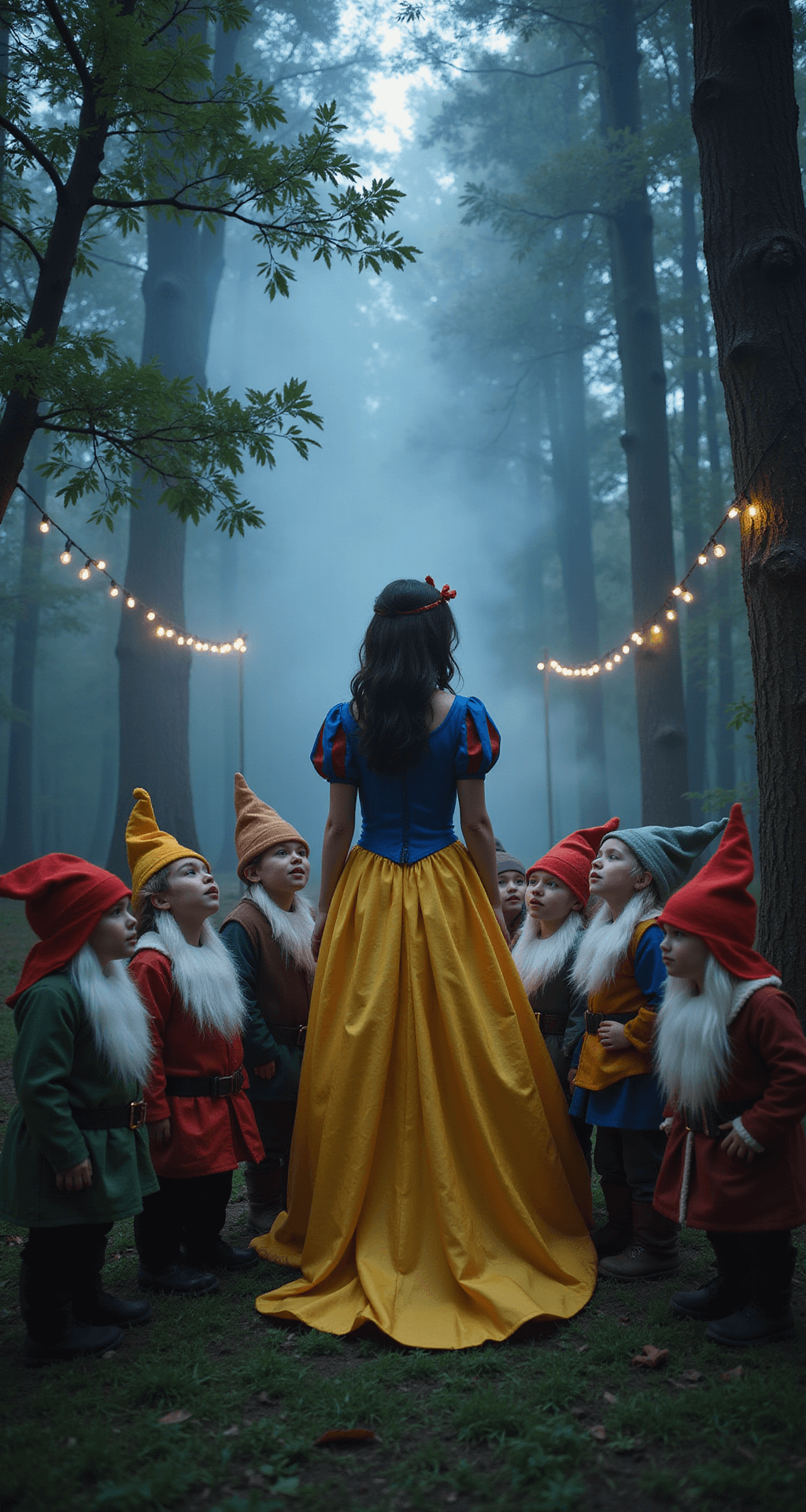 A Complete Guide to Rocking Your Snow White Halloween Costume A magical dusk scene featuring Snow White surrounded by seven uniquely dressed dwarfs in an enchanted forest, with atmospheric fog and twinkling string lights illuminated by professional backlighting through the trees.