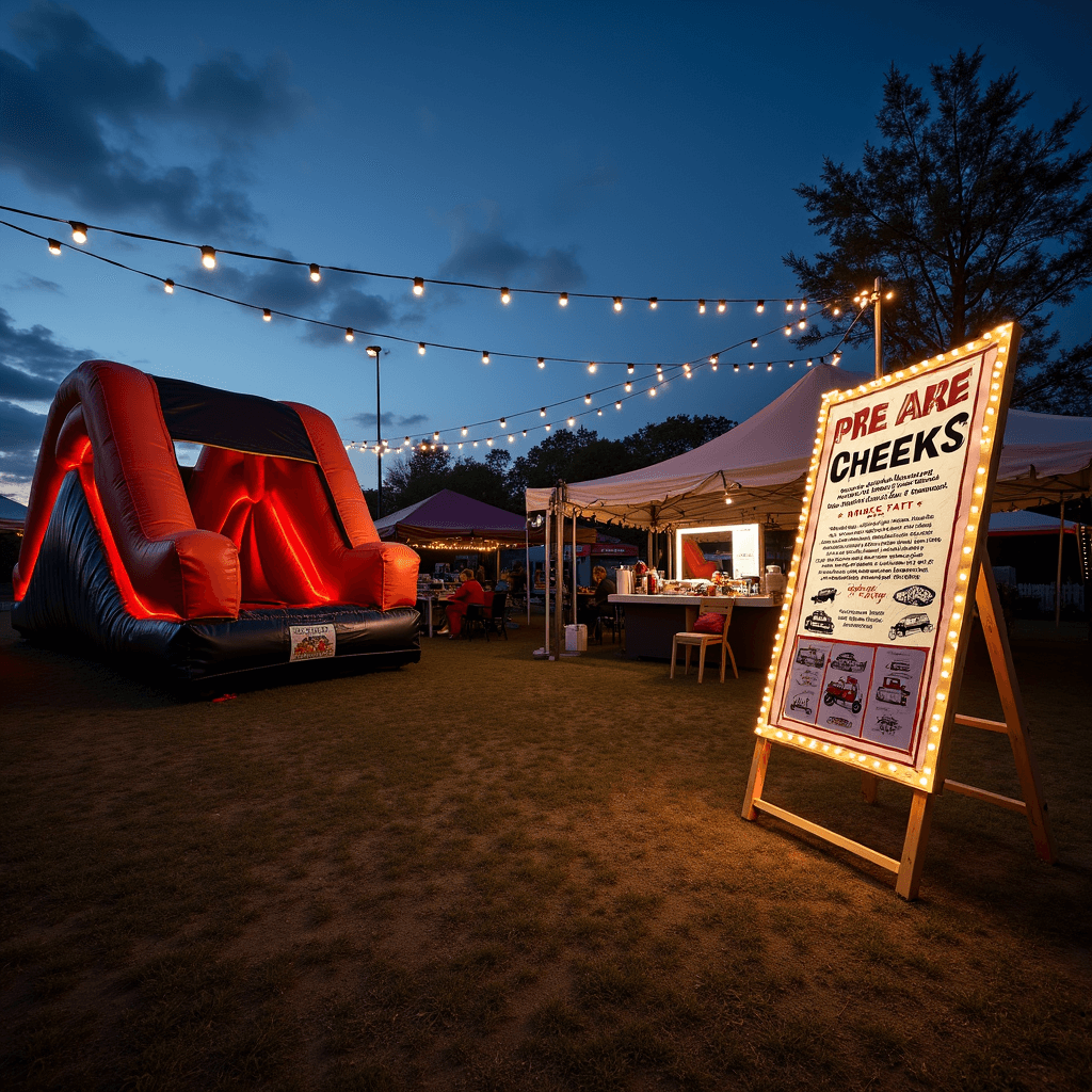 Epic Monster Truck Birthday Party: The Ultimate Guide for Truck-Crazy Kids A wide shot of a game area at dusk, decorated with string lights. A glowing inflatable tire obstacle course is seen, alongside a 'Pin the Wheels' game on an easel wrapped in LED lights. A temporary tattoo station features a light-up vanity mirror and flash sheets with truck designs.