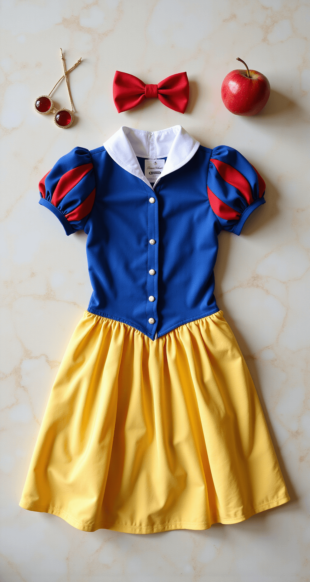A Complete Guide to Rocking Your Snow White Halloween Costume Flat-lay image of Snow White costume elements on a cream marble surface, featuring a blue bodice, yellow skirt, red bow, white collar, and a red apple, all styled artistically under soft, diffused overhead lighting.
