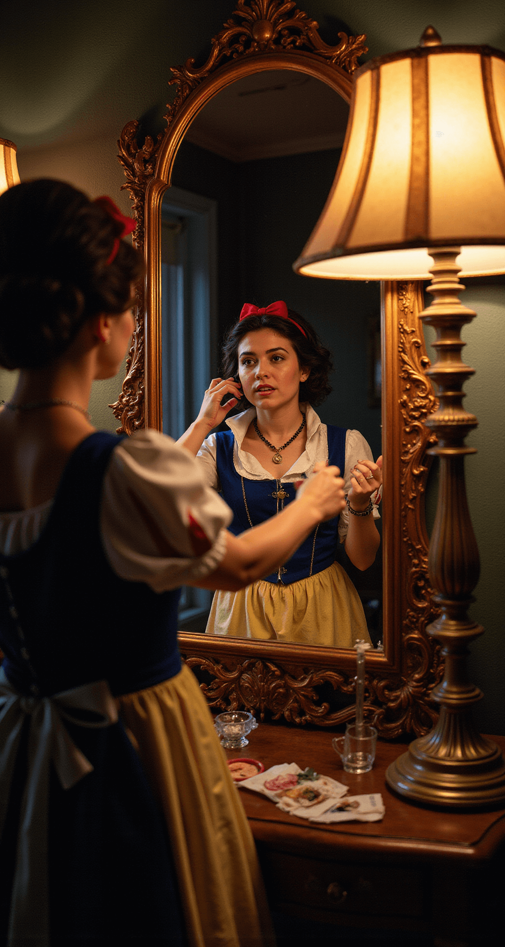 A Complete Guide to Rocking Your Snow White Halloween Costume Behind-the-scenes shot of costume preparation in a vintage-style vanity corner, featuring a Victorian mirror reflecting a Snow White transformation, with wig styling, makeup application, and costume adjustments illuminated by warm antique lamp light.
