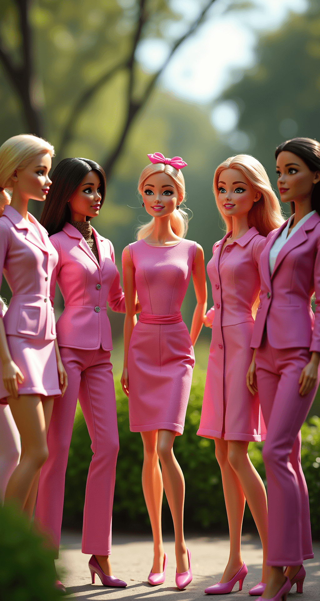 The Ultimate Barbie Halloween Costume: Channel Your Inner Plastic Icon A vibrant outdoor garden party scene featuring models dressed as Career Barbies, including a Doctor, Astronaut, and Business Executive, all in varying shades of pink. They are engaged in conversation, with late afternoon light filtering through trees, casting dynamic shadows and accentuating the details of their profession-specific outfits.