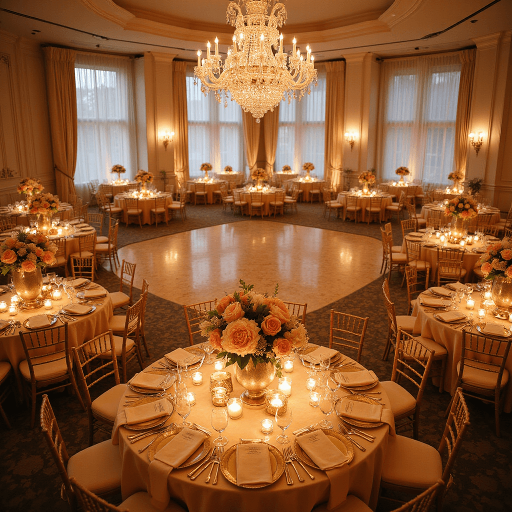 Peach Wedding Flowers: Your Ultimate Romantic Guide An elegant ballroom reception featuring round tables with champagne silk linens, filled with peach peonies and garden roses in mercury glass vases, illuminated by crystal chandeliers and flickering candlelight, with a marble dance floor and sheer ivory drapes.