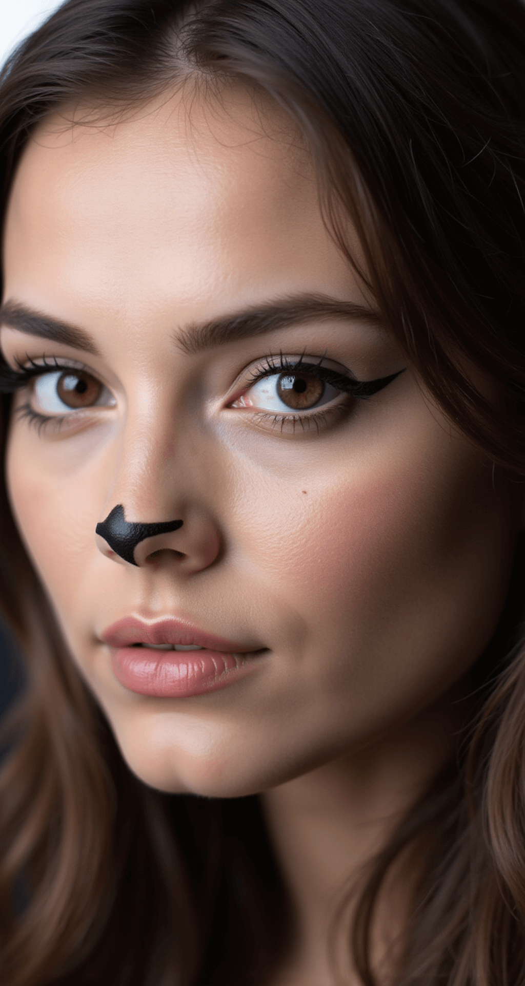 The Ultimate Guide to Rocking a Black Cat Halloween Costume Close-up shot of a model's face with cat-inspired makeup, featuring sharp winged eyeliner, whiskers, and a noir-painted nose tip, captured in a professional studio setting with soft ring lighting.