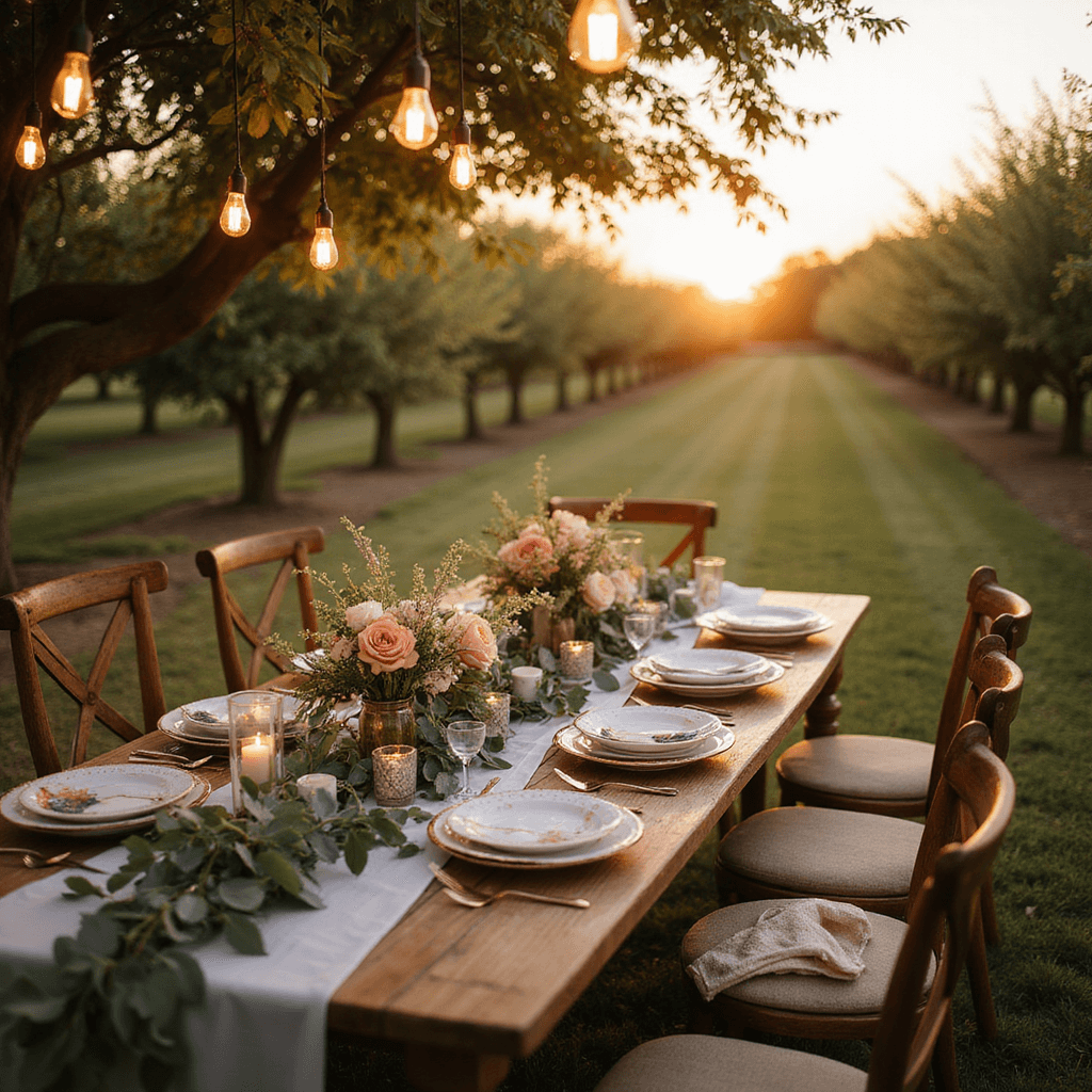 Peach Wedding Flowers: Your Ultimate Romantic Guide An intimate farm-to-table dinner party at sunset, featuring a long farmhouse table in a blooming peach orchard, adorned with a lush garland of eucalyptus, peach garden roses, and peonies, mismatched vintage china, wooden cross-back chairs with cozy blankets, and hanging Edison bulbs illuminating the scene under a golden sunset.