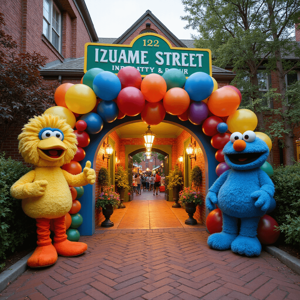 Sesame Street Birthday Party: A Colorful Celebration of Learning and Fun A vibrant Sesame Street-themed welcome area featuring a handcrafted street sign, a red brick path, life-sized character standees of Elmo, Big Bird, and Cookie Monster, a grand primary color balloon arch, and warm lighting, viewed from a child's perspective. Sesame Street Birthday Party