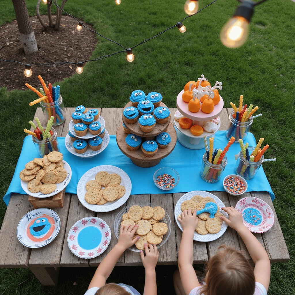Sesame Street Birthday Party: A Colorful Celebration of Learning and Fun A sun-drenched backyard snack station features a rustic wooden table with a sky-blue tablecloth overflowing with Cookie Monster-themed treats, including tiered stands of character cupcakes, mason jars of fruit wands, and a cookie decorating area with freshly baked cookies, icing, and colorful sprinkles. Fairy lights illuminate the scene as children joyfully reach for the abundant treats.