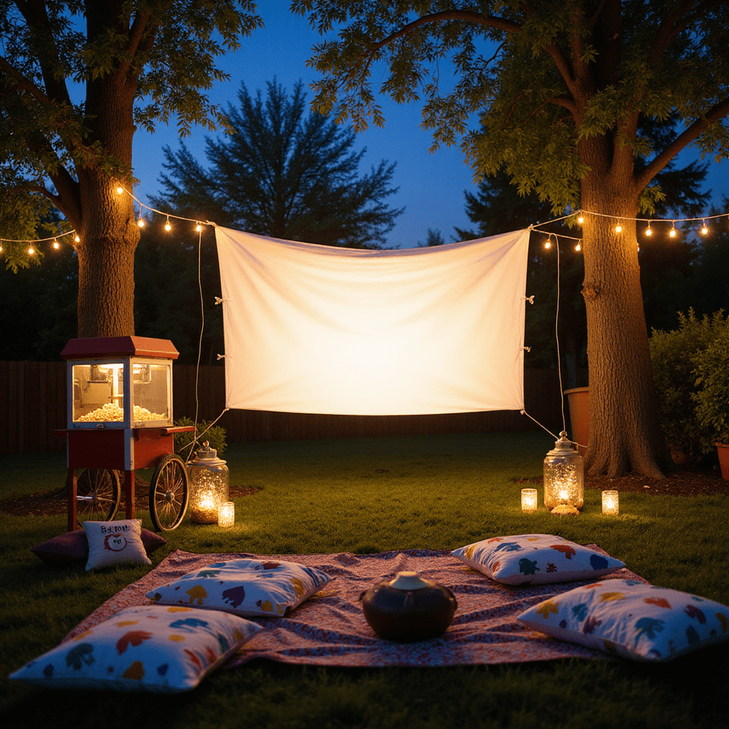Sesame Street Birthday Party: A Colorful Celebration of Learning and Fun An enchanting outdoor movie night setup features a large sheet as a screen, fairy lights strung between trees, character-themed pillows, a vintage popcorn machine, and lanterns, with children settling in for a Sesame Street show under the twilight sky.