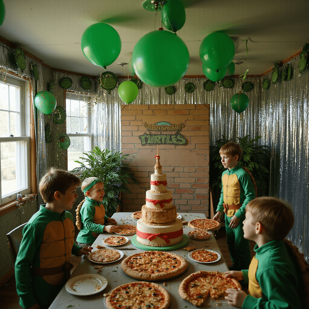 Cowabunga! Ultimate Ninja Turtles Birthday Party Guide A vibrant indoor birthday party transformed into a Ninja Turtles lair, featuring colorful decorations, a table with various pizzas, a towering pizza-shaped cake, and children in TMNT costumes playing amidst a glowing green ambiance.