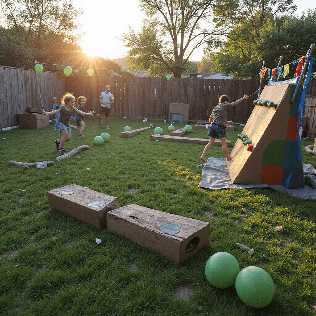 Cowabunga! Ultimate Ninja Turtles Birthday Party Guide A vibrant backyard obstacle course for kids featuring foam nunchucks, painted log balance beams, and a climbing wall with turtle shell handholds. The scene is illuminated by golden hour sunlight, adorned with colorful streamers and balloons. Children navigate a cardboard maze designed like sewer pipes, with DIY turtle shell props and toy weapons scattered on the grass.