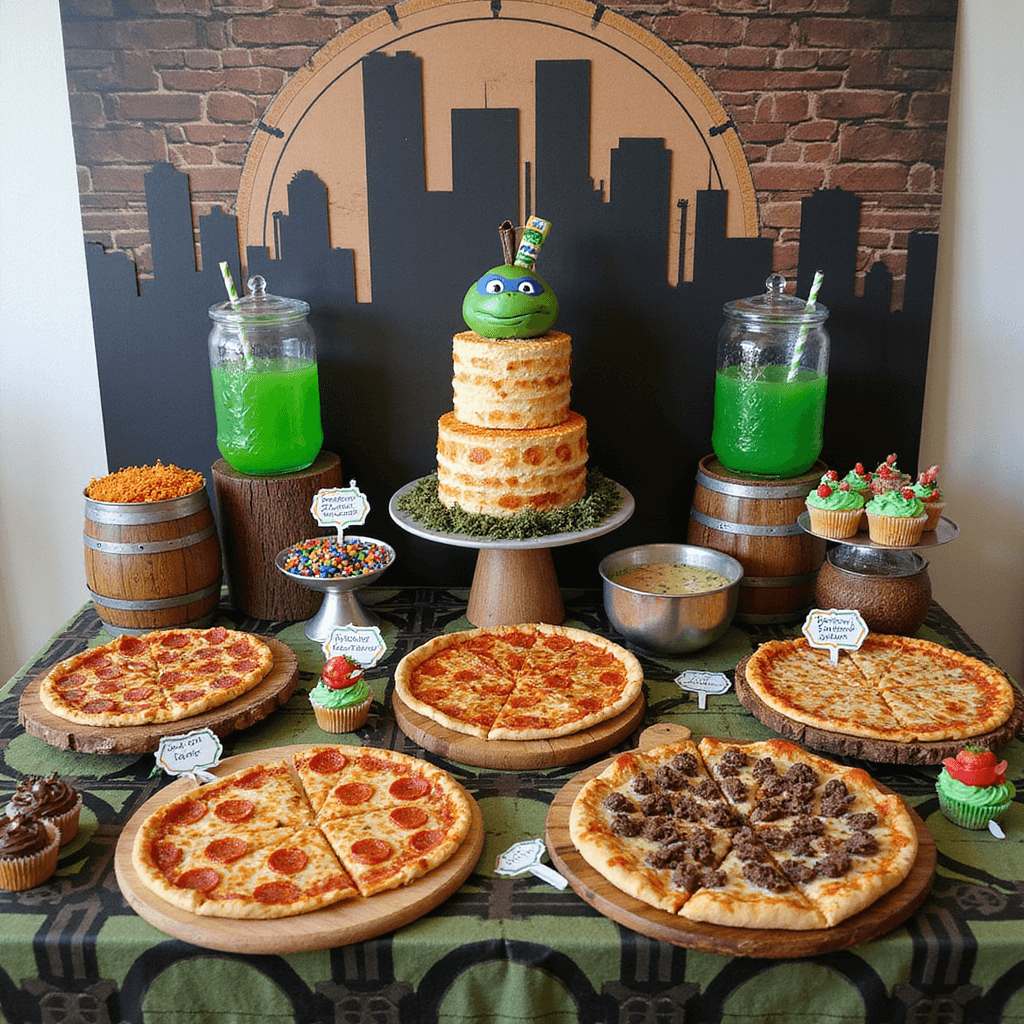 Cowabunga! Ultimate Ninja Turtles Birthday Party Guide A vibrant Ninja Turtles themed food table showcasing a three-tiered pizza-shaped cake, real pizzas on wooden boards, green 'sewer slime' punch, TMNT-themed cupcakes, 'toxic waste' candy barrels, and 'turtle shell' chocolate-covered strawberries, all against a cityscape backdrop.