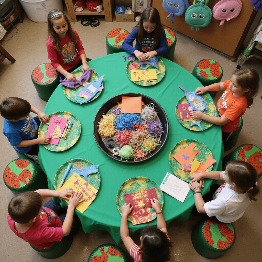 Cowabunga! Ultimate Ninja Turtles Birthday Party Guide An overhead view of a TMNT-themed craft station featuring a green tablecloth with turtle shell patterns, organized craft supplies in pizza box lids, and children engaged in various craft activities, with completed masks displayed on a clothesline.