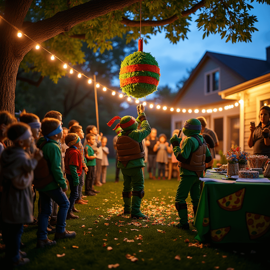 Cowabunga! Ultimate Ninja Turtles Birthday Party Guide A vibrant twilight backyard scene featuring a large Ninja Turtles themed piñata hanging from a tree, surrounded by excited children in colorful ninja masks. The birthday child, dressed as Michelangelo, swings a foam nunchuck while parents capture the moment on their phones. Twinkling fairy lights and green pizza-patterned decorations enhance the festive atmosphere, with a table of party favors visible in the background.