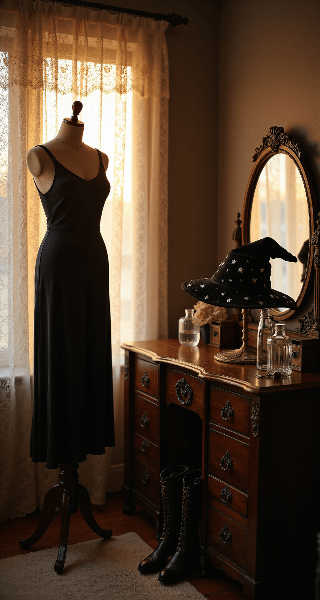 How to Rock a Black Dress Halloween Costume: Your Ultimate Guide to Easy & Stunning Transformations A vintage-style boudoir with golden hour light filtering through lace curtains, featuring a sleek black dress on an ornate mannequin, surrounded by witch costume accessories on a Victorian vanity, including crystal bottles, a velvet witch hat, and buckled black boots, all highlighted with elegant shadows. Black Dress Halloween Costume