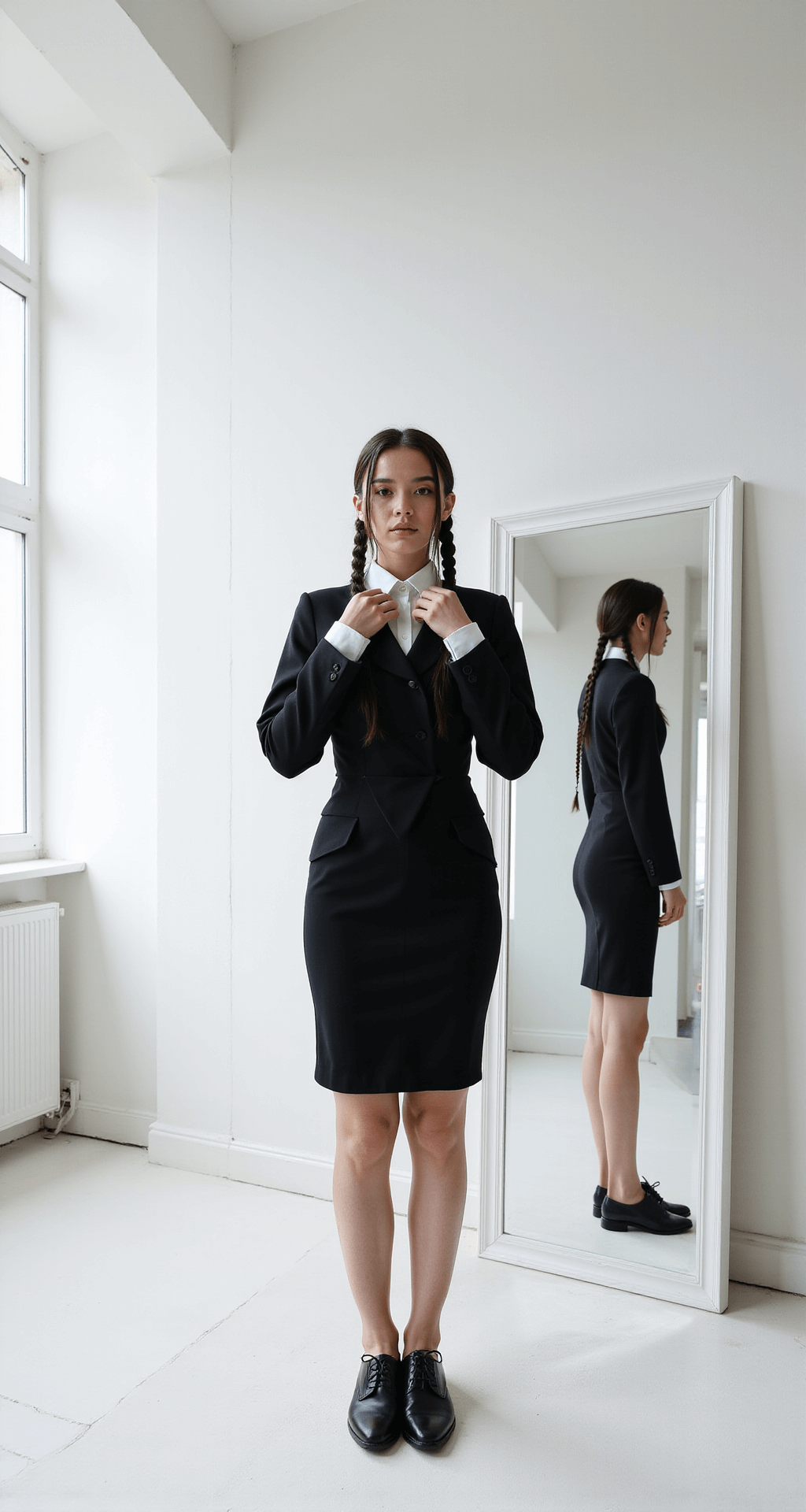 How to Rock a Black Dress Halloween Costume: Your Ultimate Guide to Easy & Stunning Transformations A young woman in a fitted black dress with long dark braids adjusts her white collar in a clean, minimalist white studio, illuminated by natural light from large windows. Her reflection in a full-length mirror showcases her black oxford shoes, emphasizing the stark contrast of her pale complexion against the dark attire.