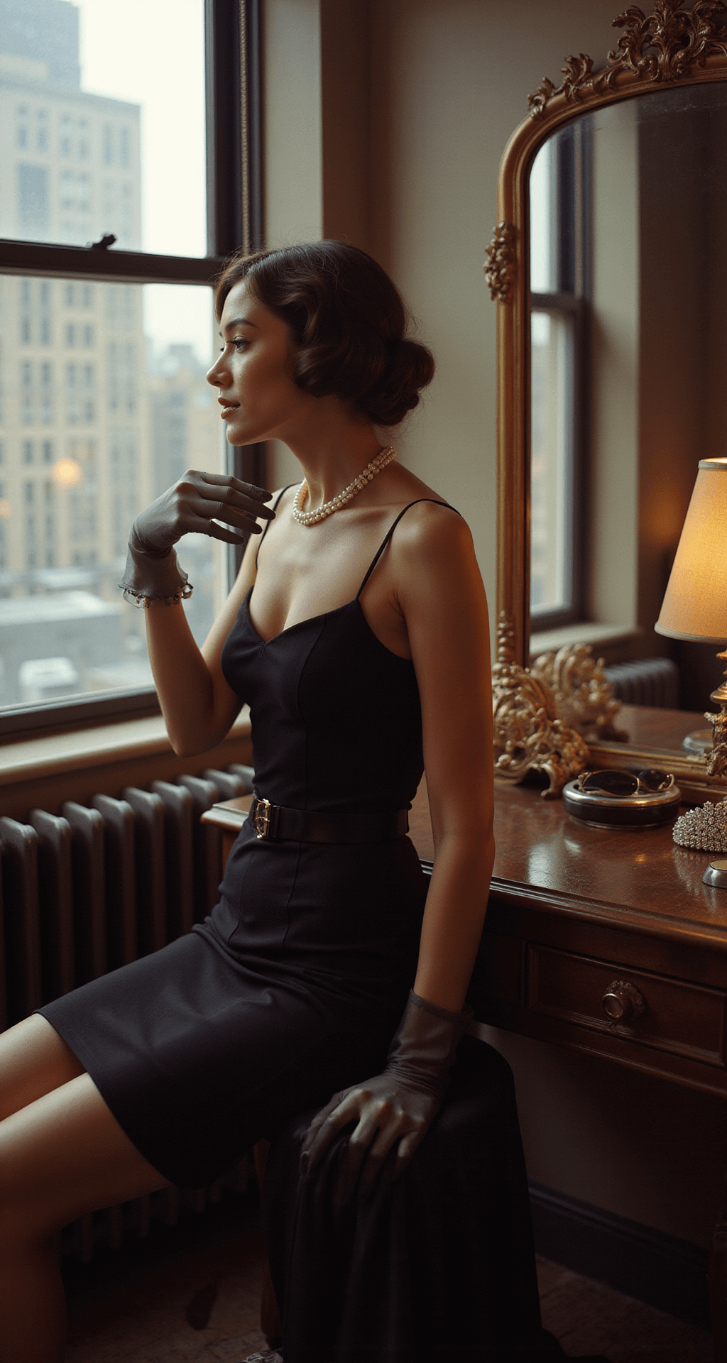 How to Rock a Black Dress Halloween Costume: Your Ultimate Guide to Easy & Stunning Transformations A glamorous model resembling Holly Golightly stands in a luxurious Manhattan apartment at dawn, wearing a slim black dress and pearl necklace, with soft city light creating gentle shadows. Opera gloves are draped over a vintage vanity, alongside oversized sunglasses and a crystal tiara, all captured in a classic cinematographic style.