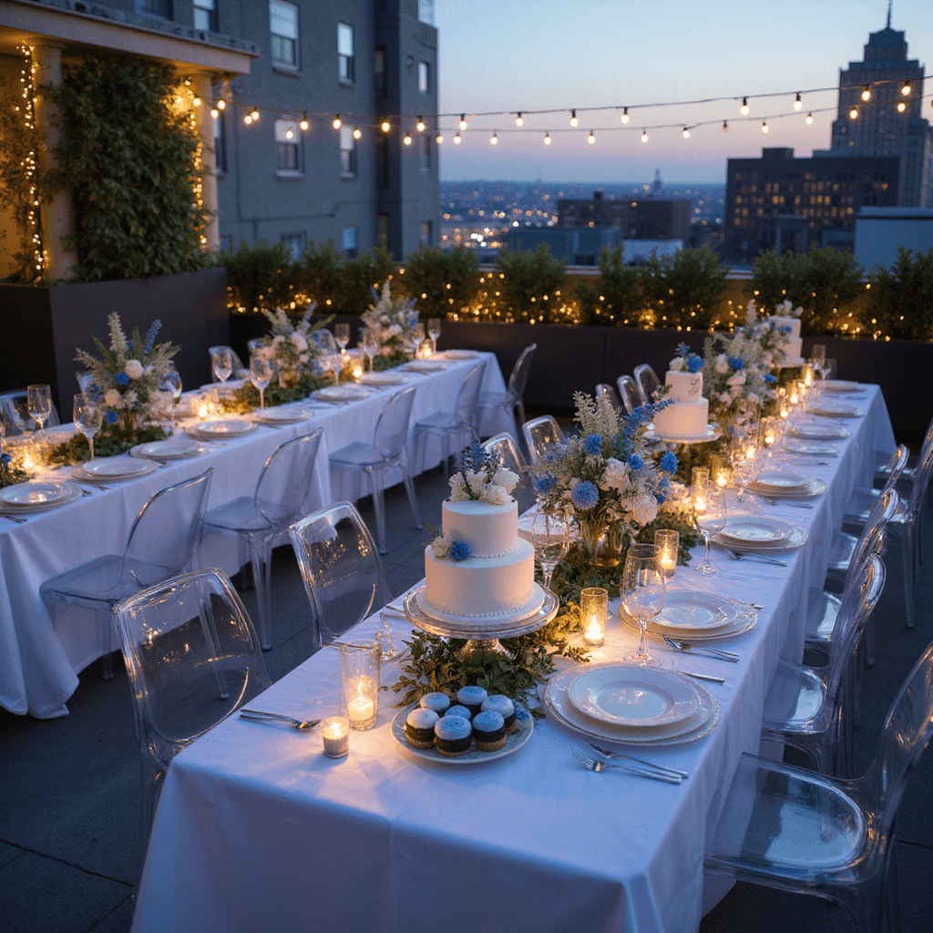 White and Blue Wedding Flowers: Your Ultimate Guide to Dreamy Nuptial Blooms Intimate rooftop reception at twilight with long tables in white linens, low floral centerpieces of blue thistle and white lisianthus, twinkling fairy lights, ghost chairs, city lights backdrop, and a dessert table featuring a tiered white cake with blue flowers and macarons.