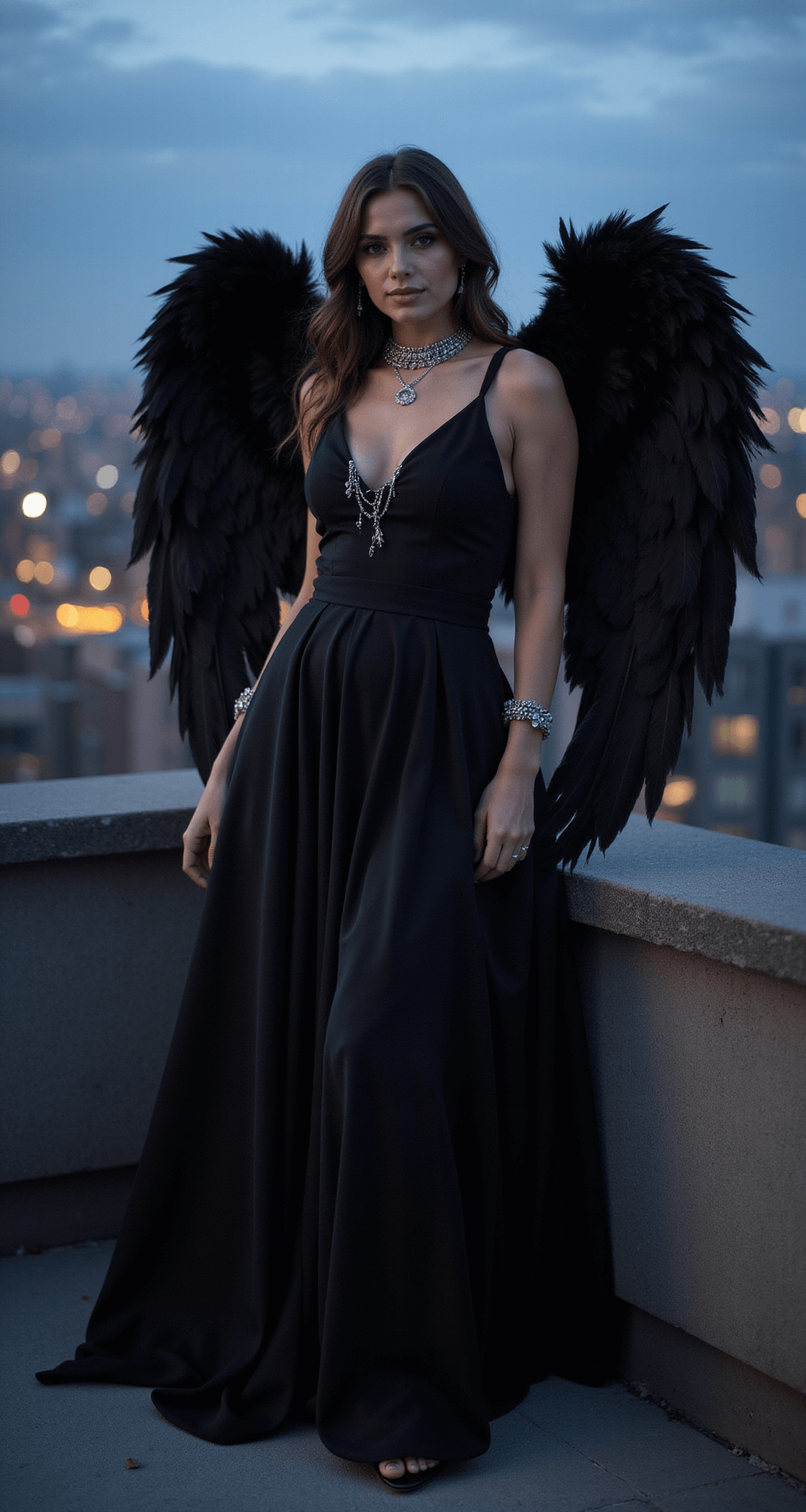 How to Rock a Black Dress Halloween Costume: Your Ultimate Guide to Easy & Stunning Transformations Model in a flowing black maxi dress with large feathered wings poses at twilight on a rooftop, city lights sparkling below, captured from a low angle to emphasize the dreamy atmosphere.