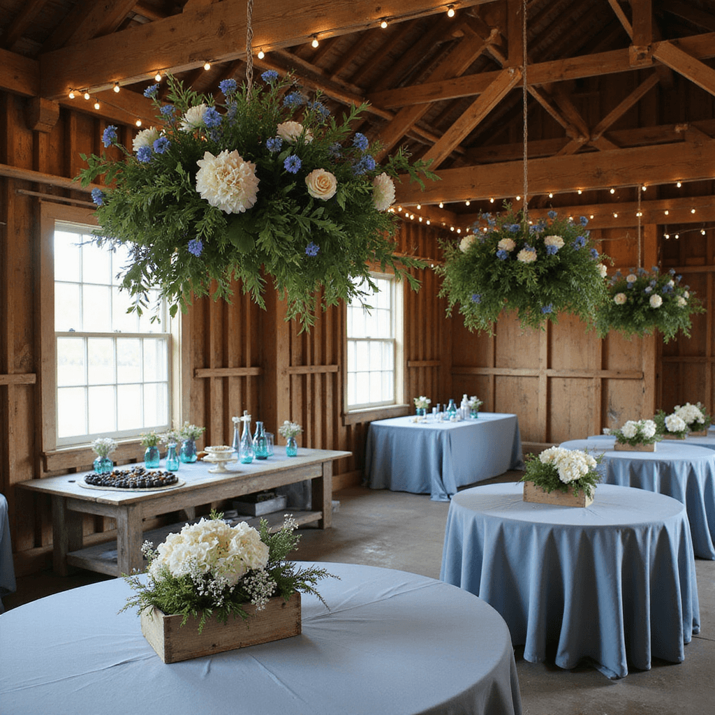 White and Blue Wedding Flowers: Your Ultimate Guide to Dreamy Nuptial Blooms A rustic barn wedding reception with ambient lighting, featuring round tables draped in dusty blue linens and lush floral centerpieces in wooden boxes, hanging installations of baby's breath and blue muscari, a dessert cart with a naked cake topped with berries and blue thistle, vintage blue glass bottles with single flower stems, and fairy lights illuminating the space.