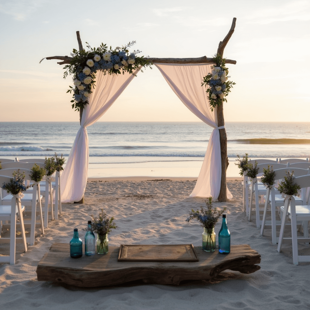 White and Blue Wedding Flowers: Your Ultimate Guide to Dreamy Nuptial Blooms A serene beachfront wedding ceremony at sunrise, featuring a driftwood arch adorned with white fabric and floral arrangements, surrounded by white wooden chairs with muscari posies, and a weathered wood guest book with blue glass bottles.
